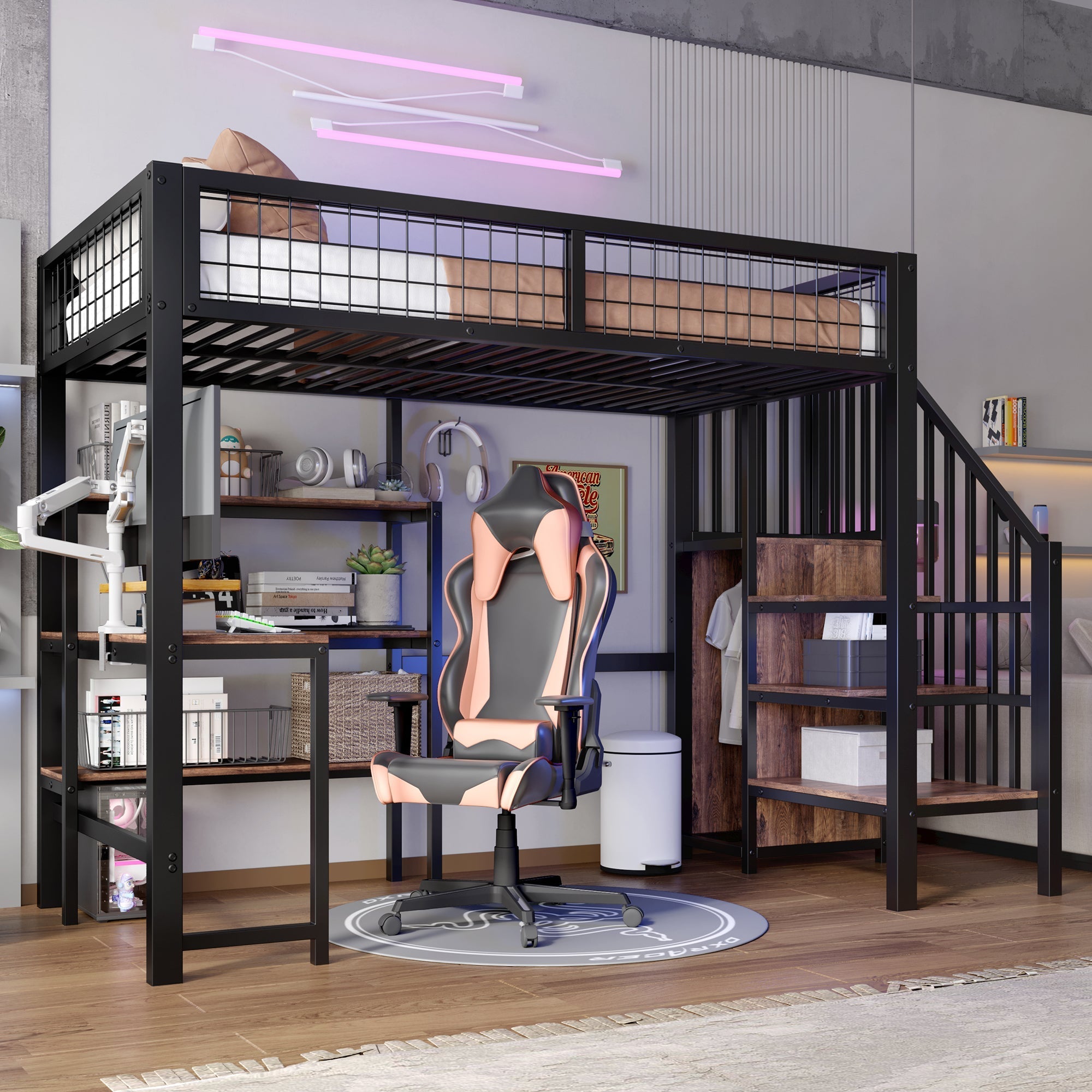 Loft Bed 90*200cm with Desk, Wardrobe and Storage Shelves, Black Iron and MDF