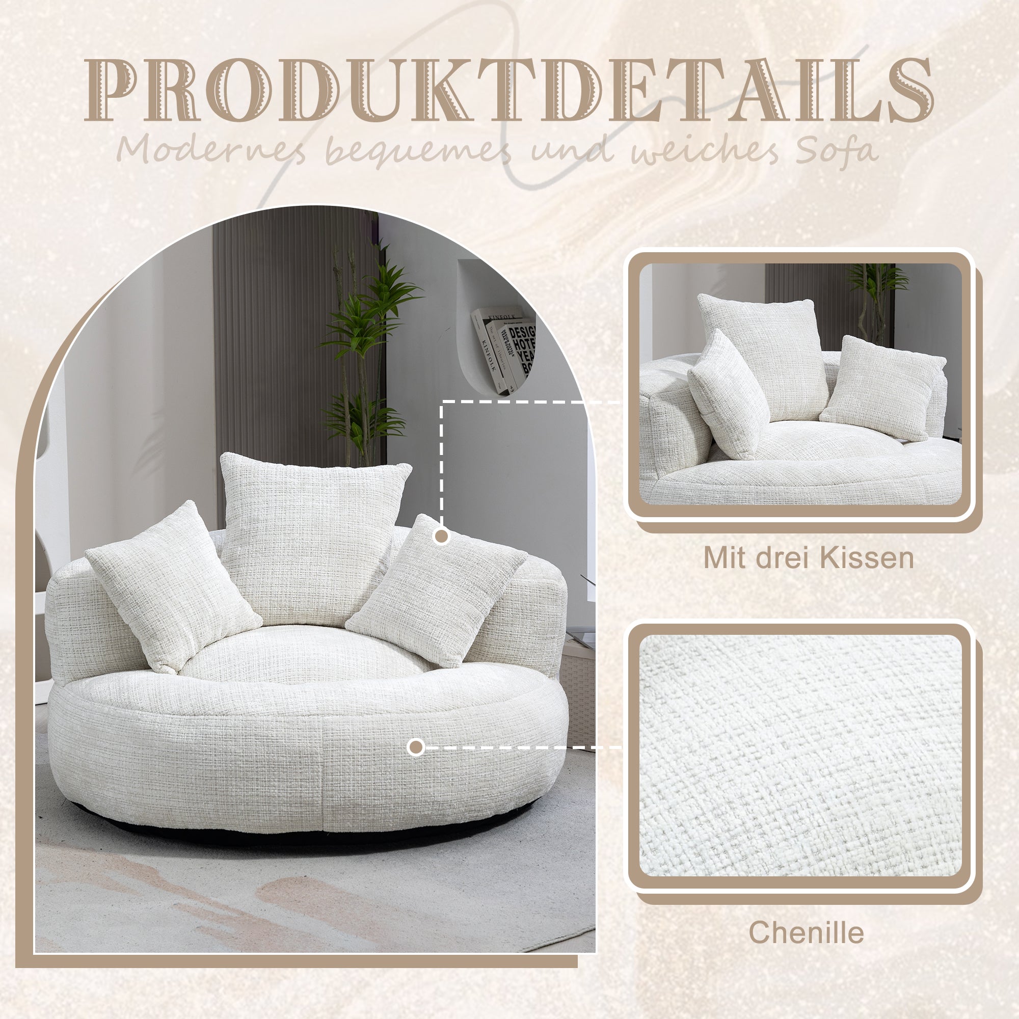 Lazy Sofa High Back Bean Bag Chair with Three Cushions, Indoor/Outdoor, Beige Chenille