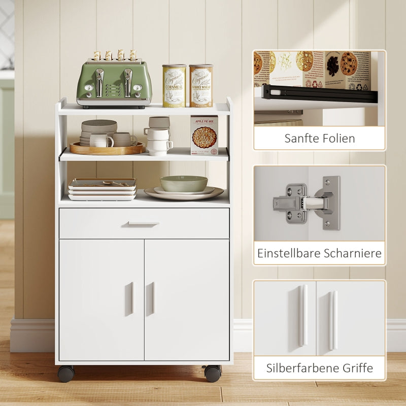 Microwave Cabinet with Shelf, Double Door, Drawer, and Casters, White
