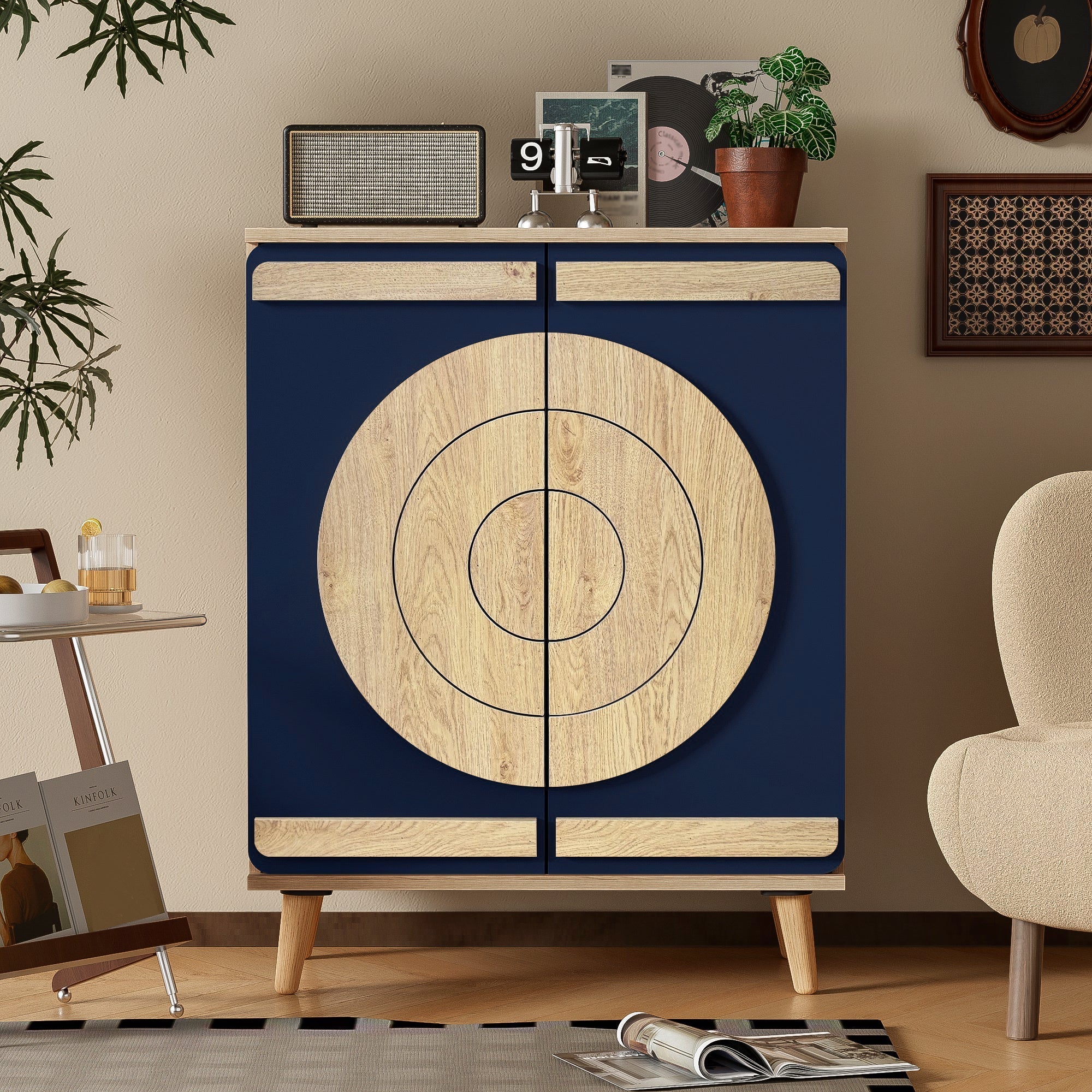 Modern Shoe Cabinet with Geometric Doors and Multi-Level Storage, Blue and Natural