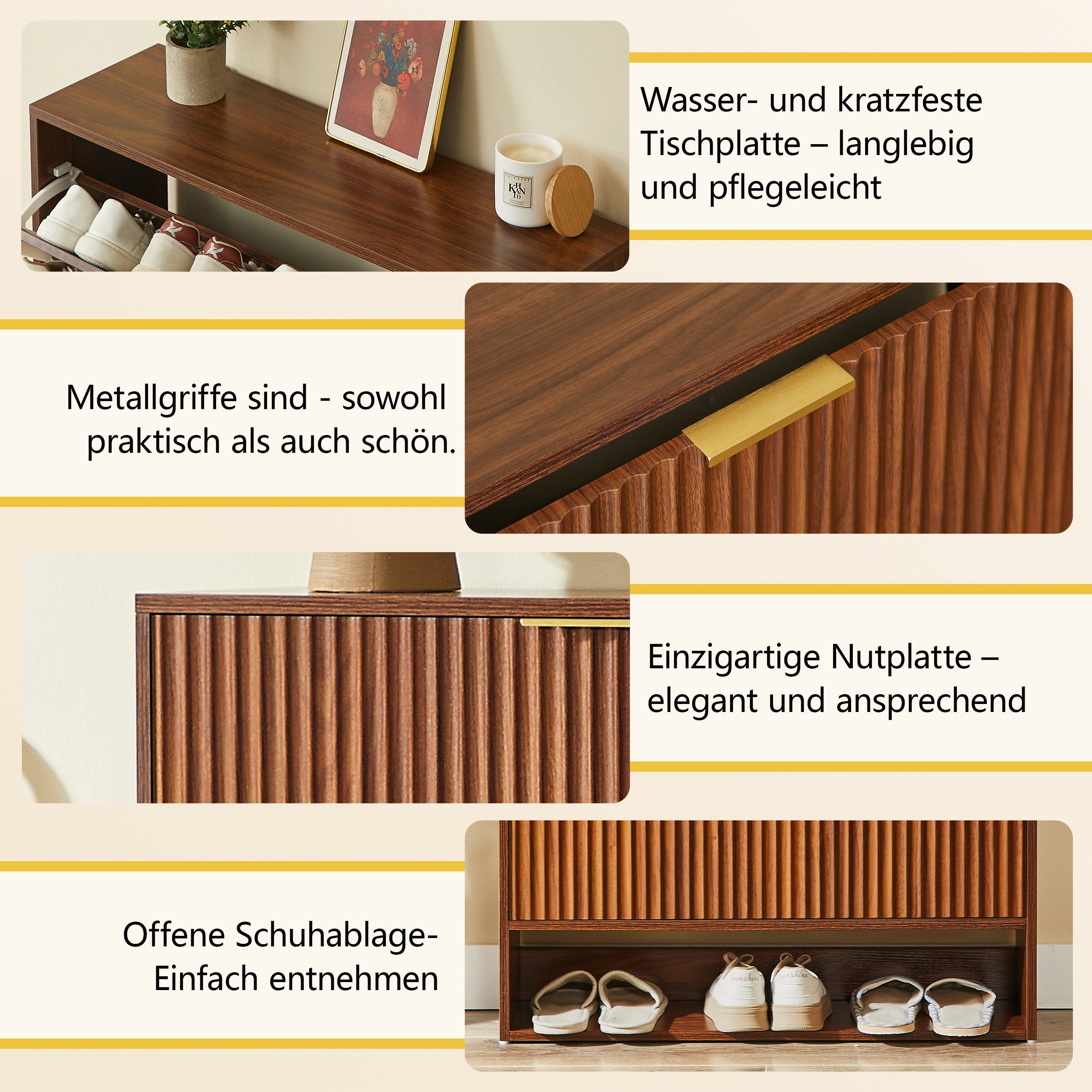 Narrow Shoe Cabinet with Grooved Front and Anti-Tip Device, Walnut Look