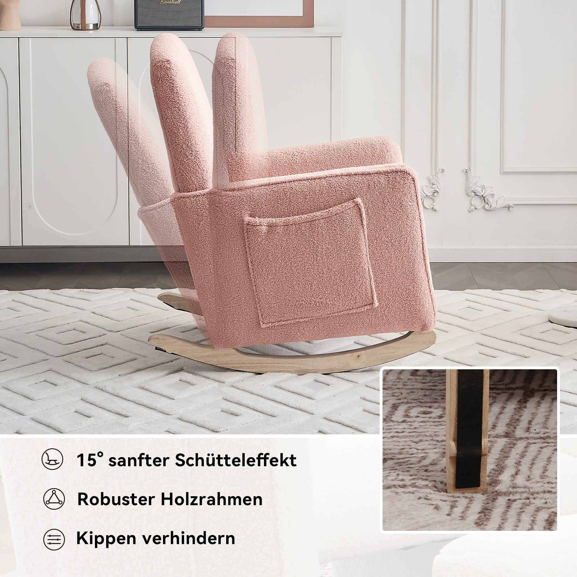 Rocking Chair with Stool, Indoor Recliner with High Backrest, Pink Teddy Fabric