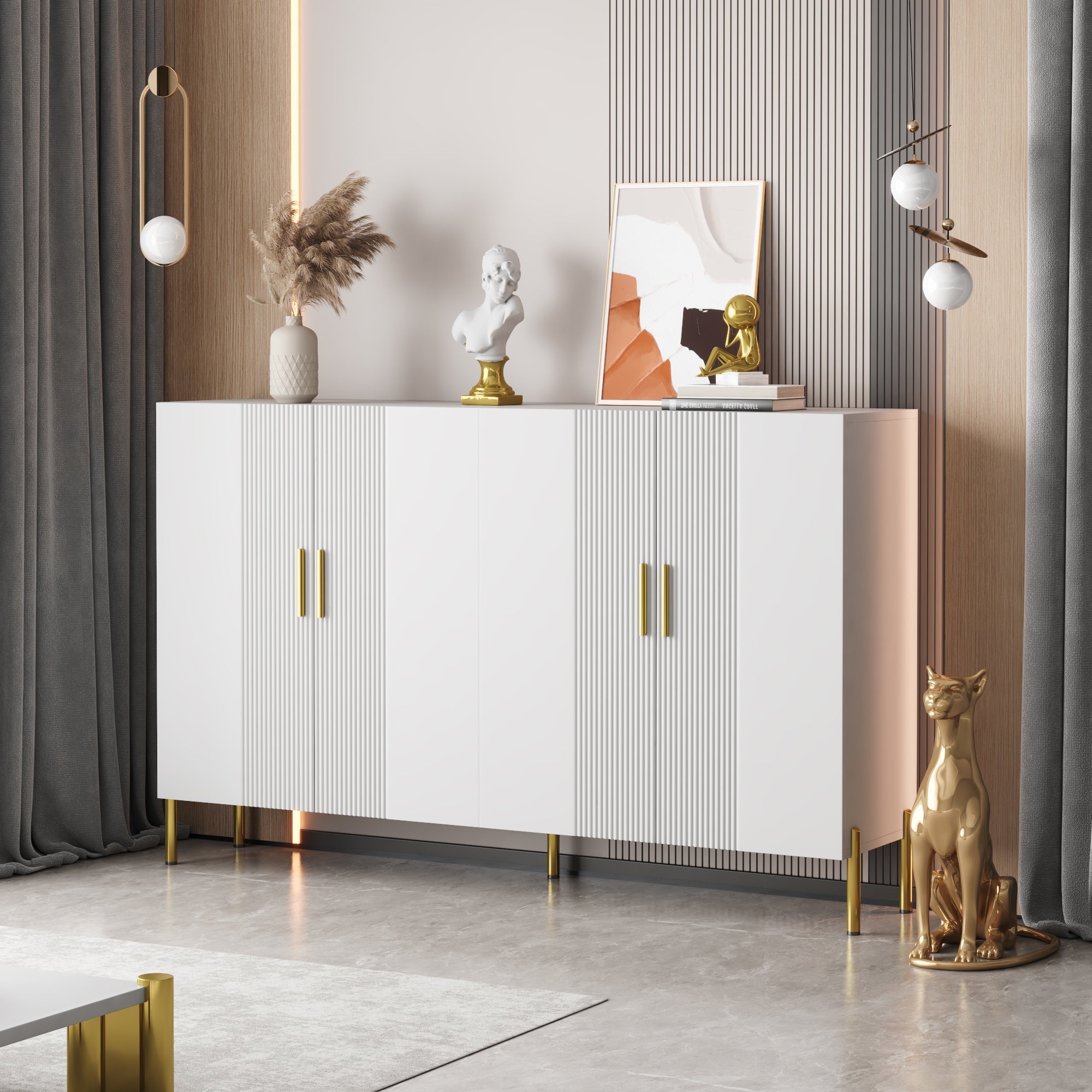 Multifunctional Storage Cabinet, 4 Doors Dining Room Gold Decoration, White Matte