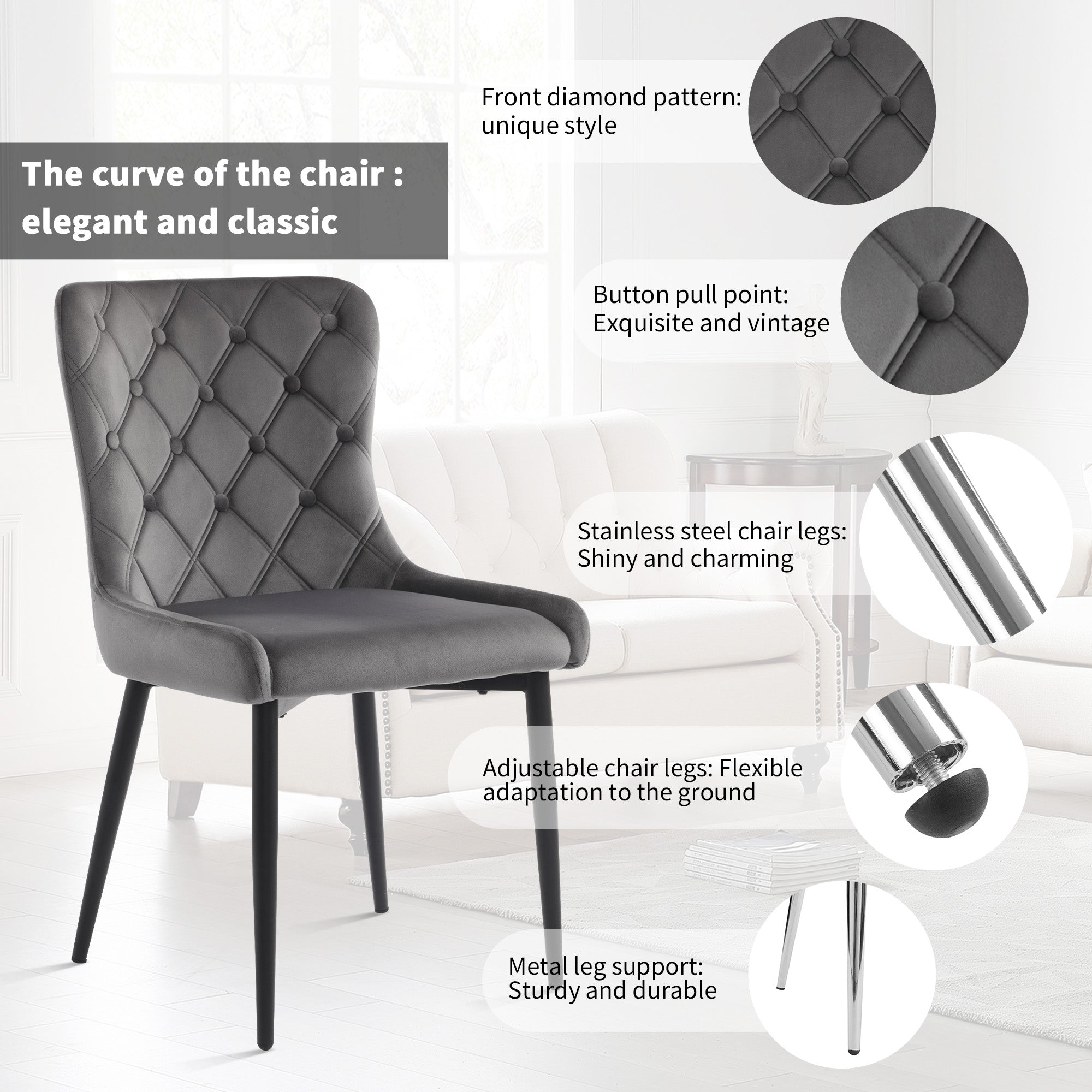 Dining Chairs with Backrest (Set of 2), Velvet Upholstered, Metal, Ergonomic, Dark Gray