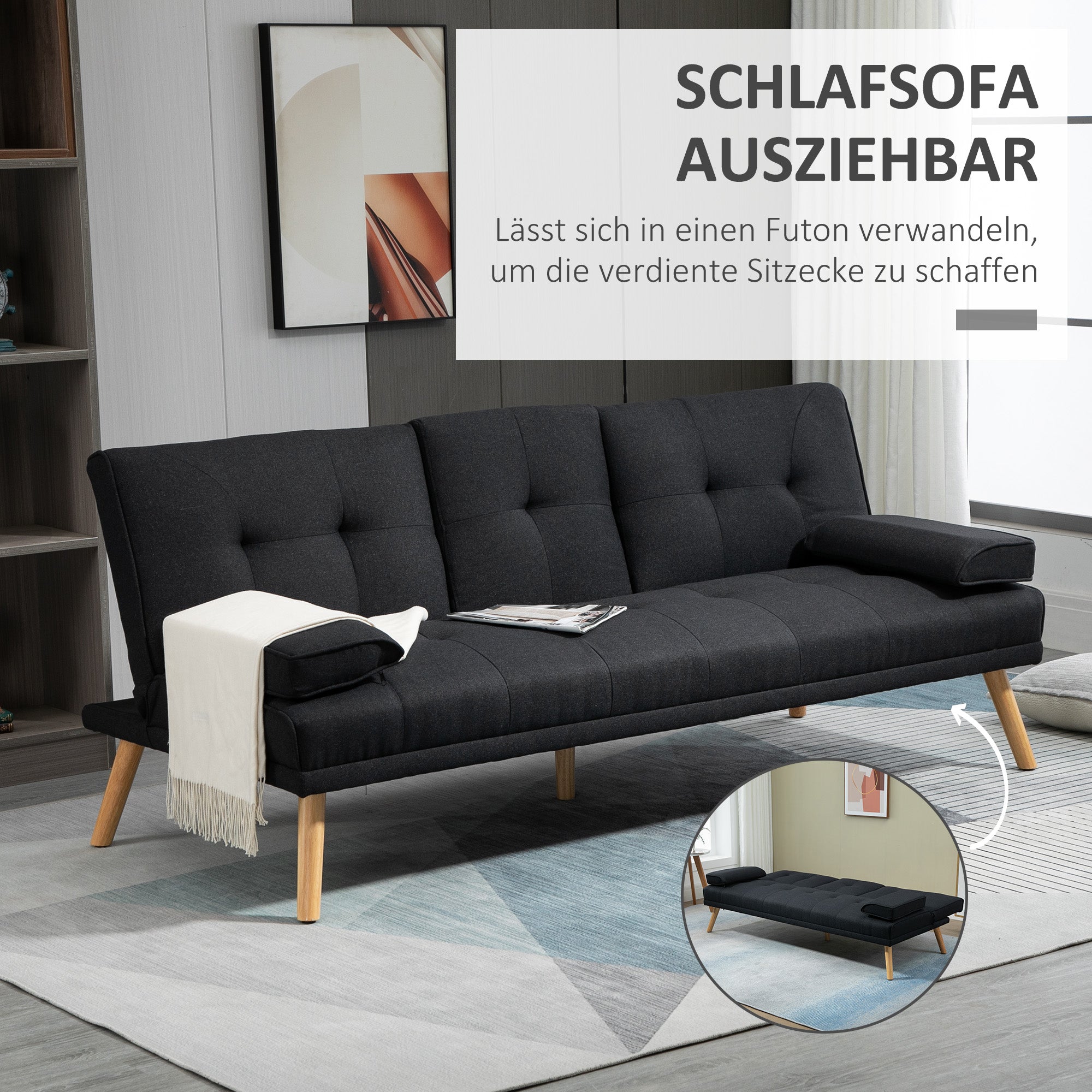Sofa Bed 3-Seater Fold-Down Table Cup Holder Scandinavian Design Linen Look Grey