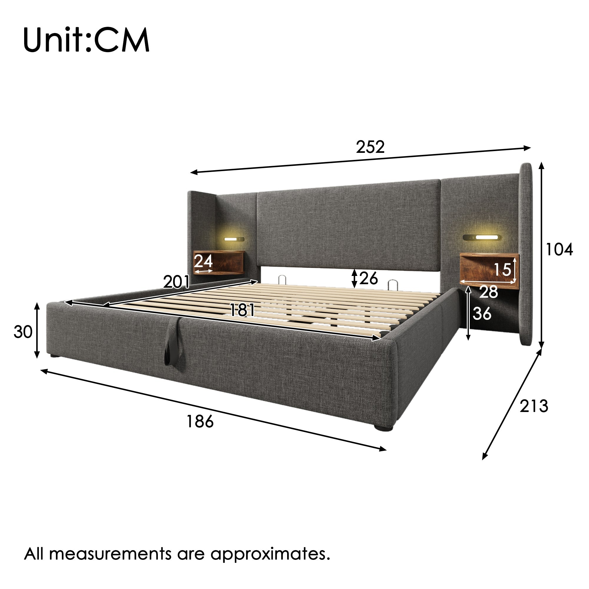 Upholstered Double Bed 180x200 with Bedside Table, Reading Lamp, USB-C Charging, Storage Frame, Solid Wood & Metal, Gray Linen