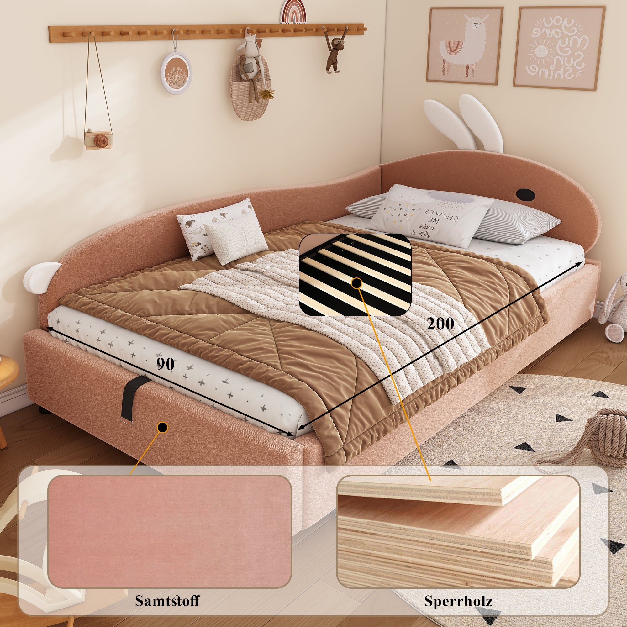 Upholstered Bed, Single Children's Hydraulic with Bunny Headboard, Velvet Pink+White