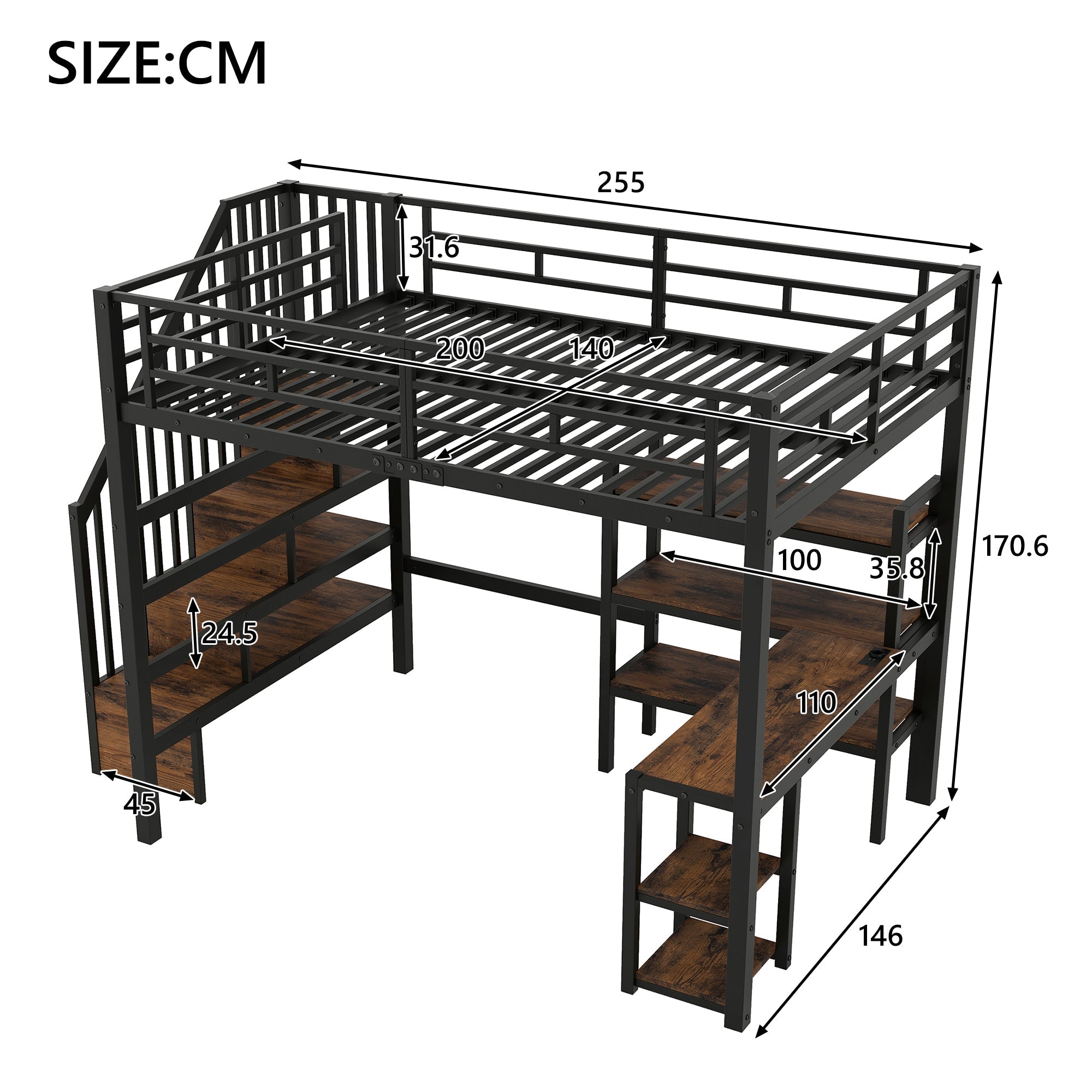 Metal Loft Bed with Desk, Stairs, Storage and LED, 140x200cm, Black