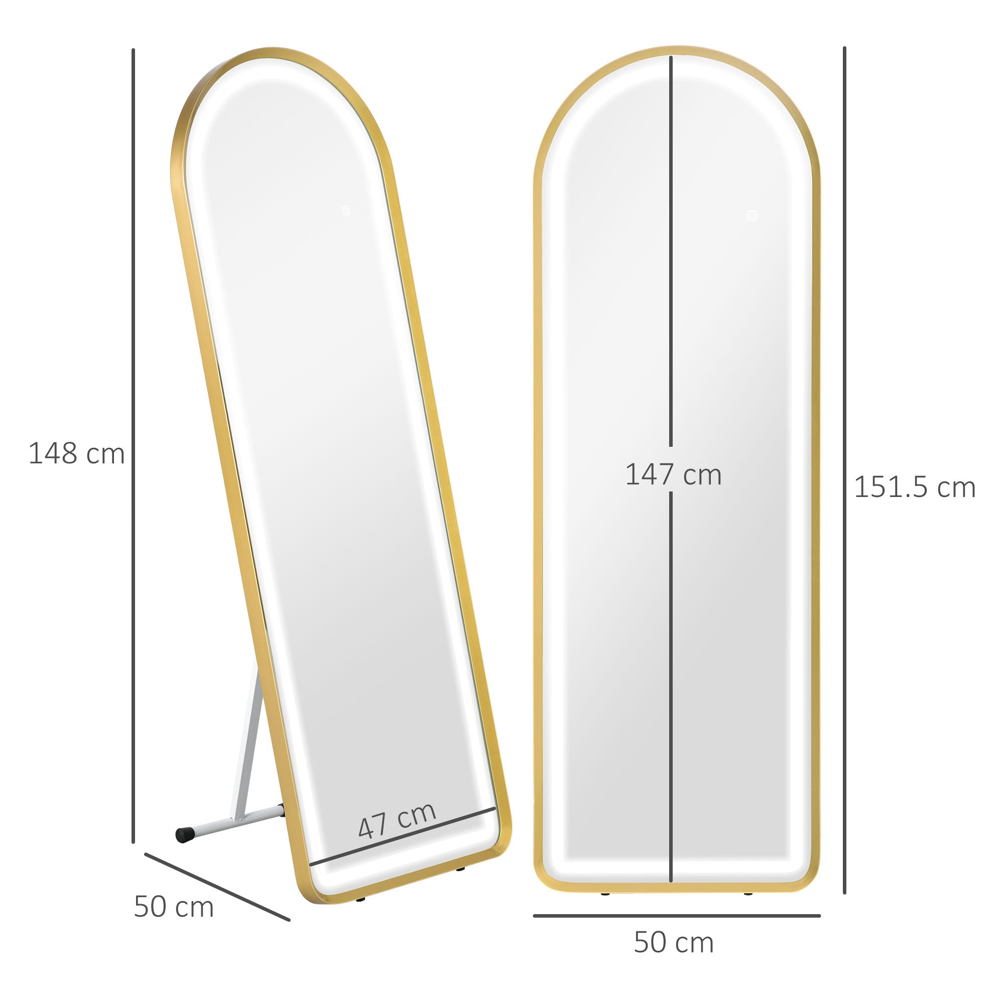 Ganzkörperspiegel, dimmbare LED, Wand- & Standspiegel, Touch-Schalter, Gold