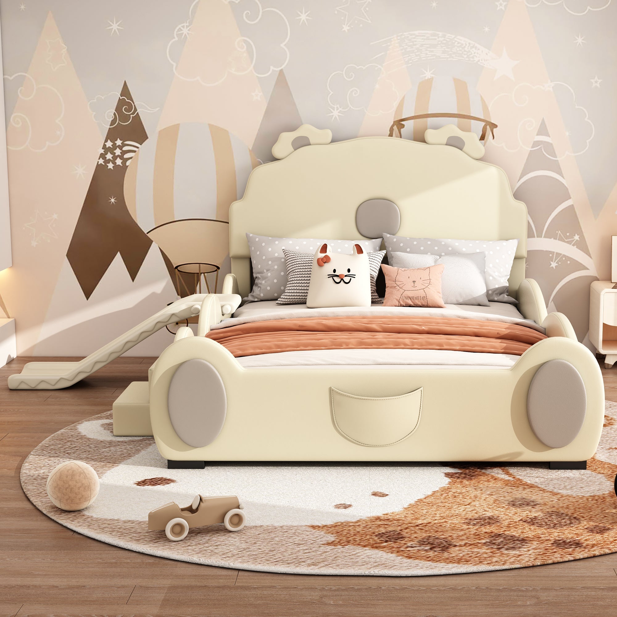 Bear Cartoon Bed for Children with Slide and Ladder, 140x200cm, Beige PU Leather