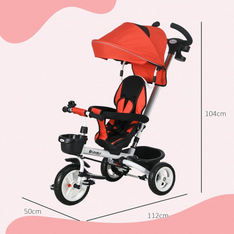6 in 1 Tricycle with Push Bar, Safety Belt, Foldable, Removable Sunroof, Cup Holder, Basket, Pedal, up to 25 kg, for 1-5 Year Old Children, red