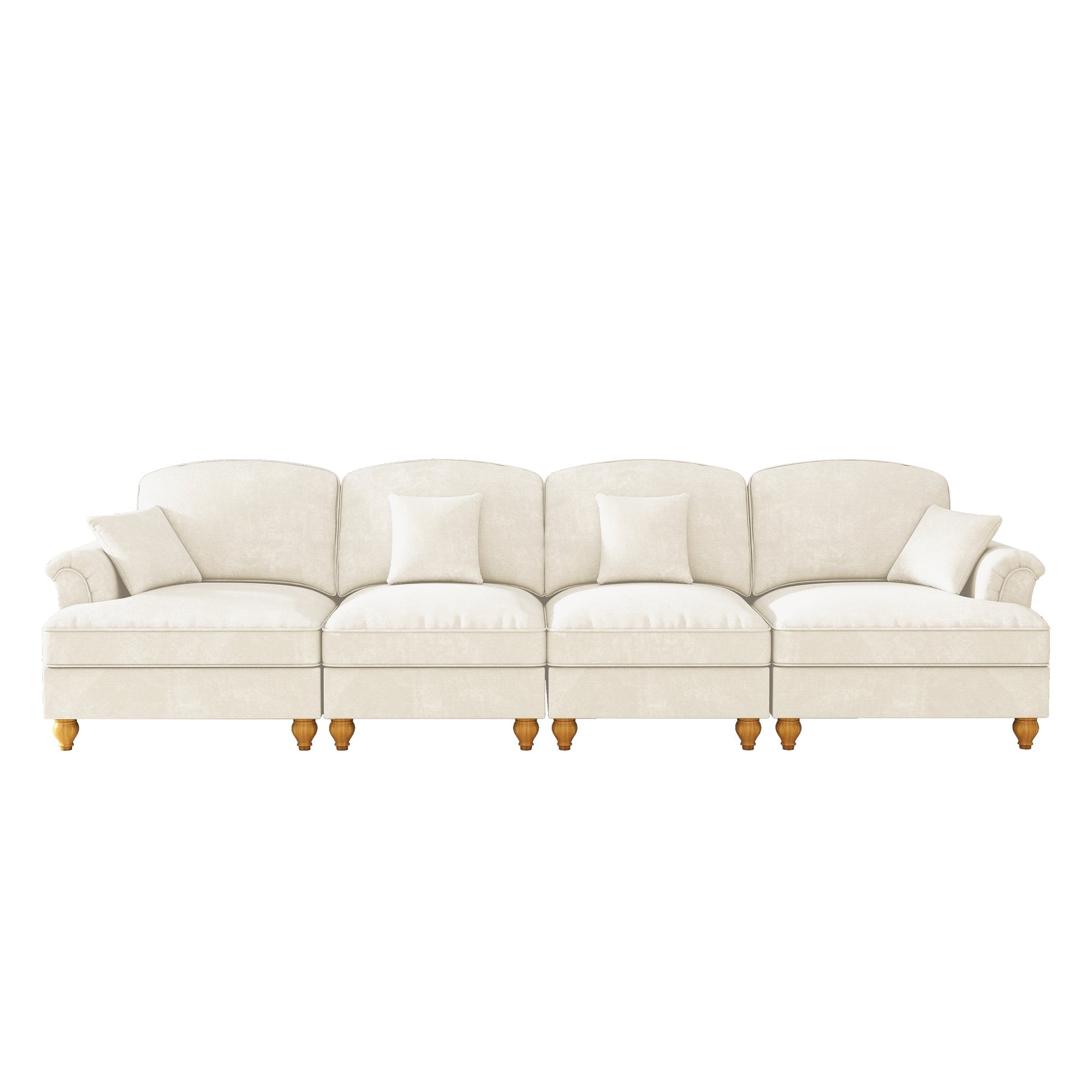 Elegant 4-Seater Sofa Mid-Century Ruffled Apron Spindle Legs - White Chenille