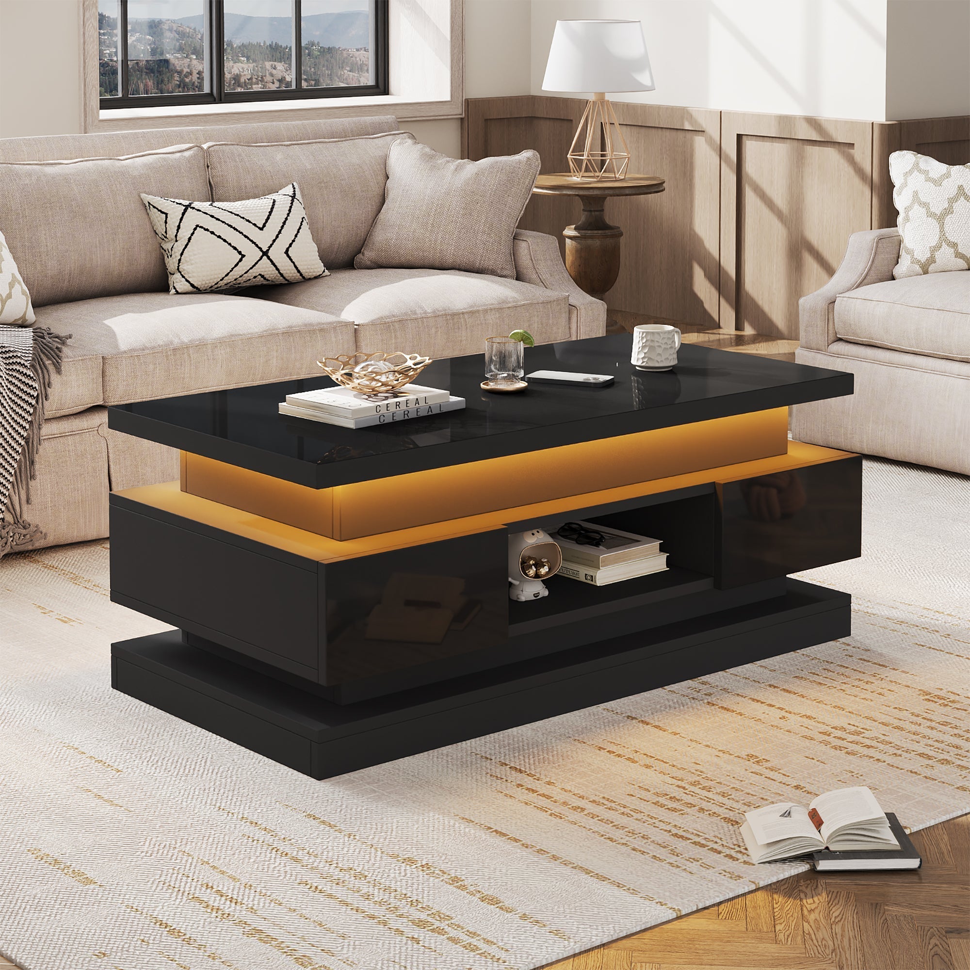 Lift-Top Coffee Table High-Gloss with LED Lighting 2 Drawers Hidden Storage Black Chipboard