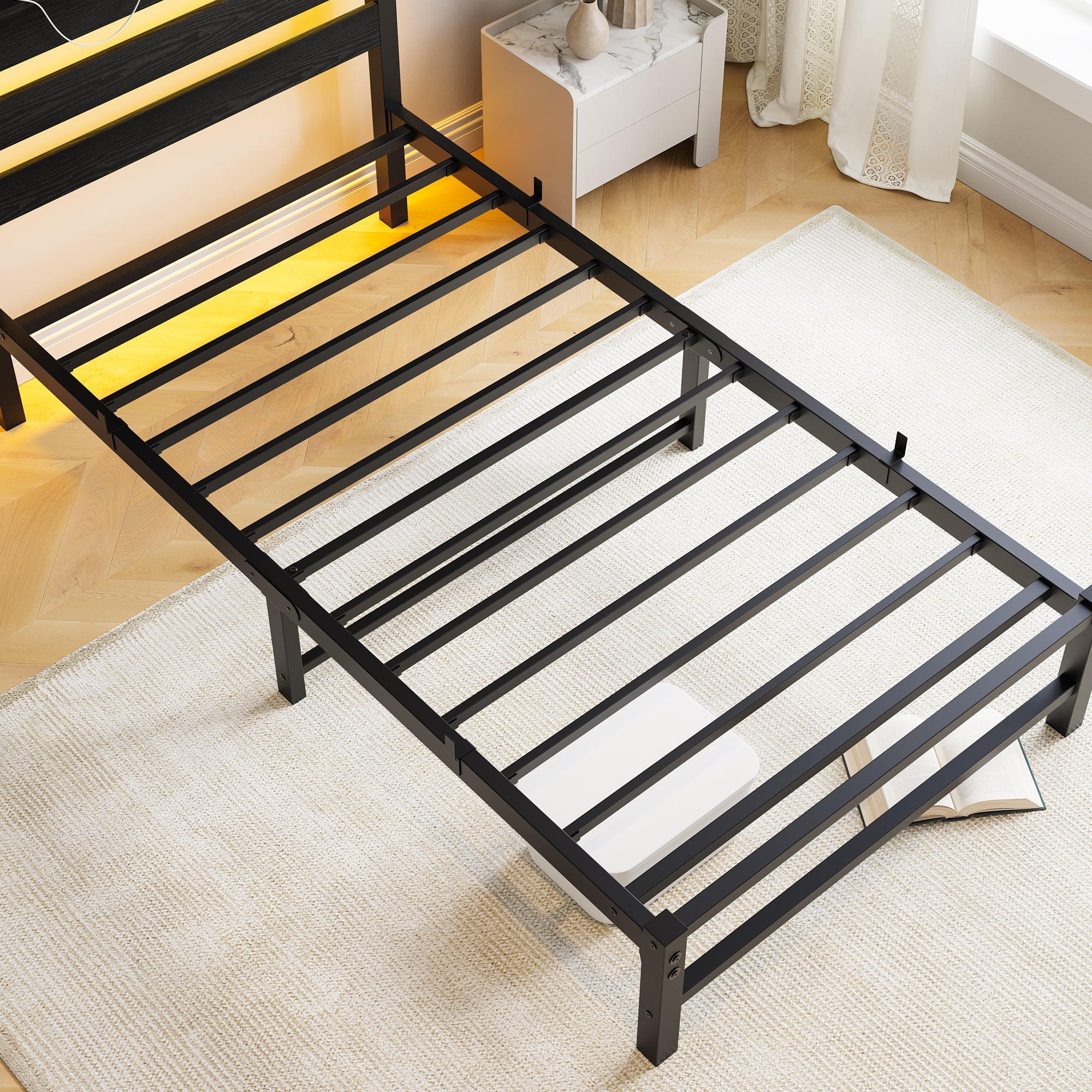 Metal Bed Frame 90x200 with LED Light USB Charging & Under-Bed Storage