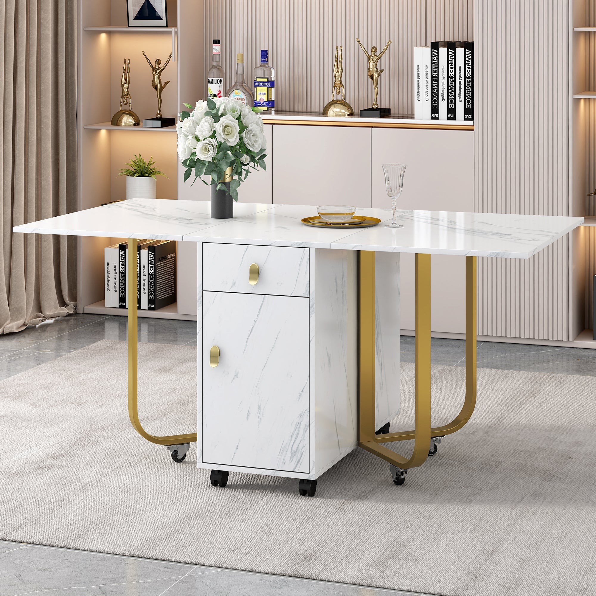 Folding Dining Table, Cabinet & 2 Drawers, Space-Saving, White/Gold