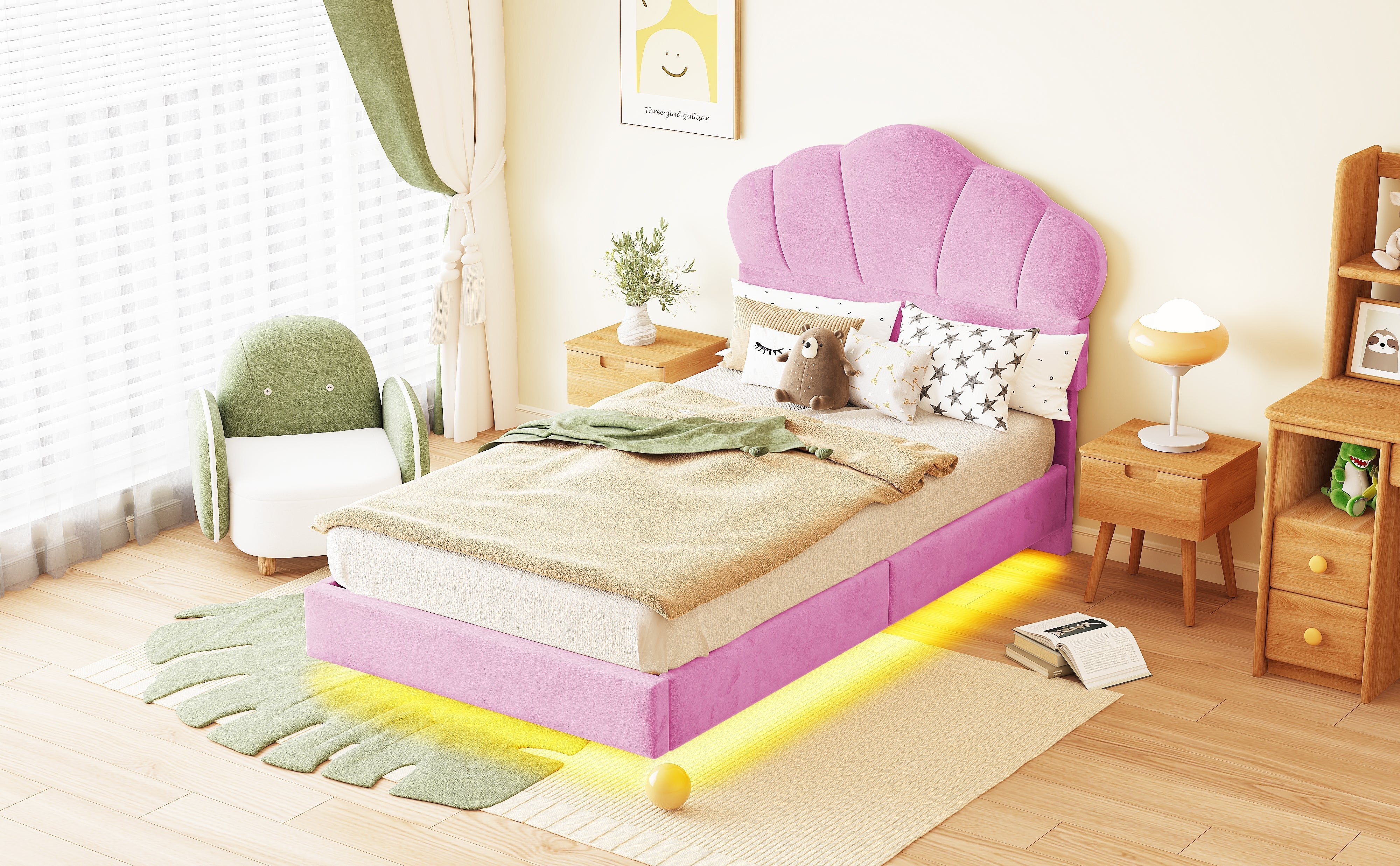 Upholstered Bed 90x200cm LED Cloud Headboard Children's Youth Velvet Pink