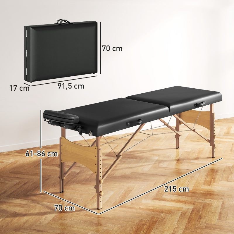 Mobile Massage Table, 2 Zones Foldable Adjustable 70 cm, Black Wooden Feet