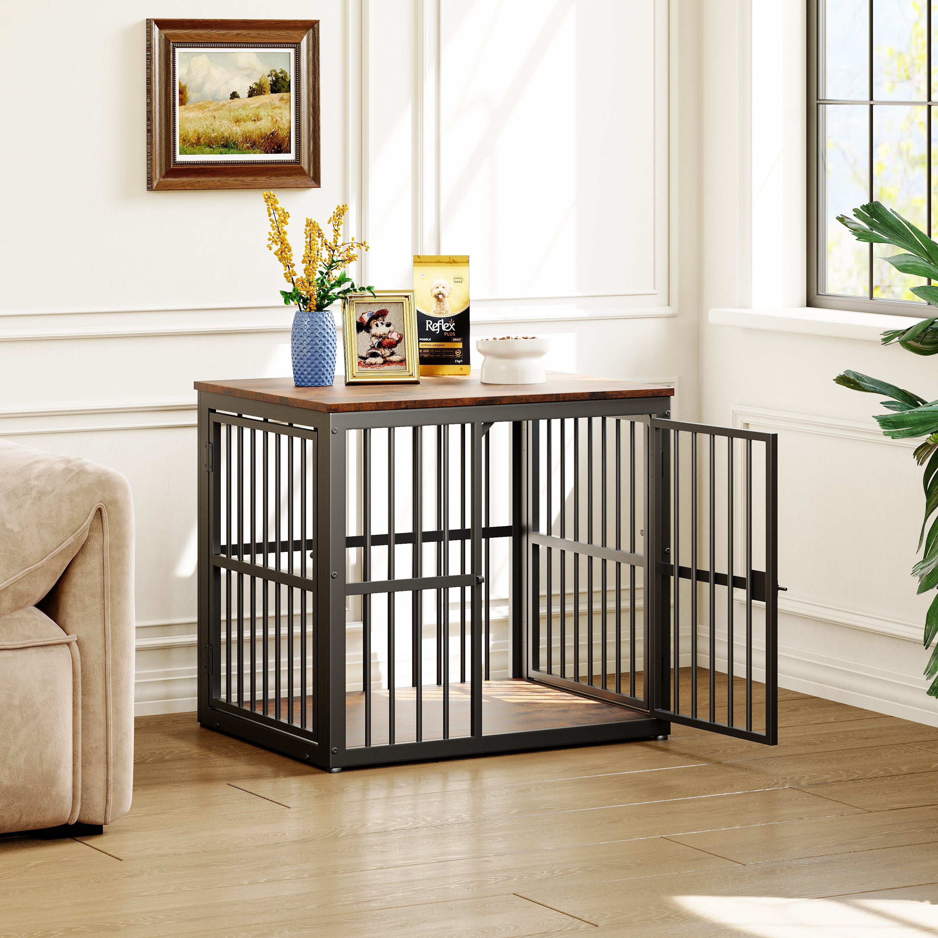 Modular Dog Crate Furniture 3 Doors Waterproof Top 2-in-1 Side Table Stackable - Retro Brown