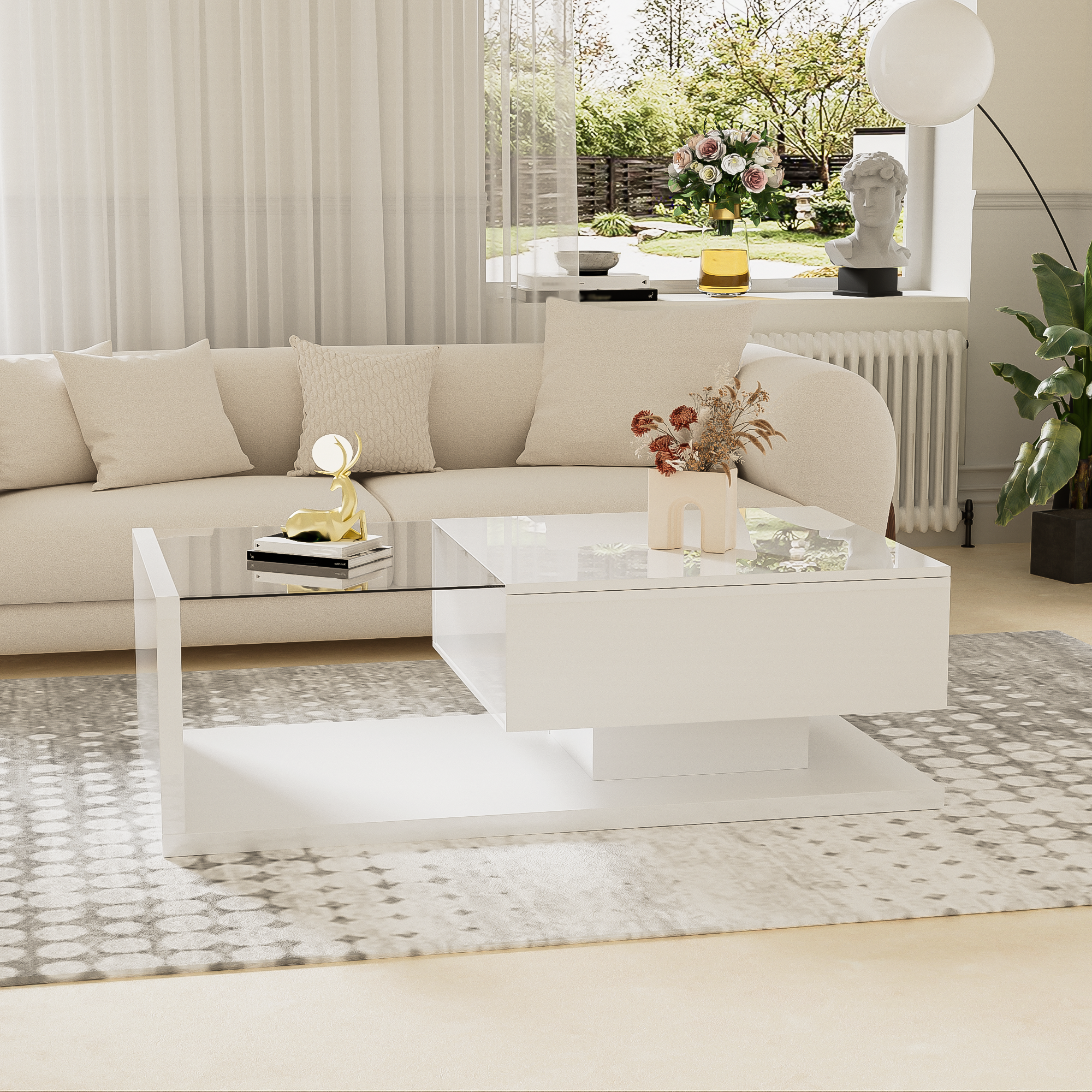 Coffee table, high-gloss white
  Side table, coffee table, with glass and LED effect