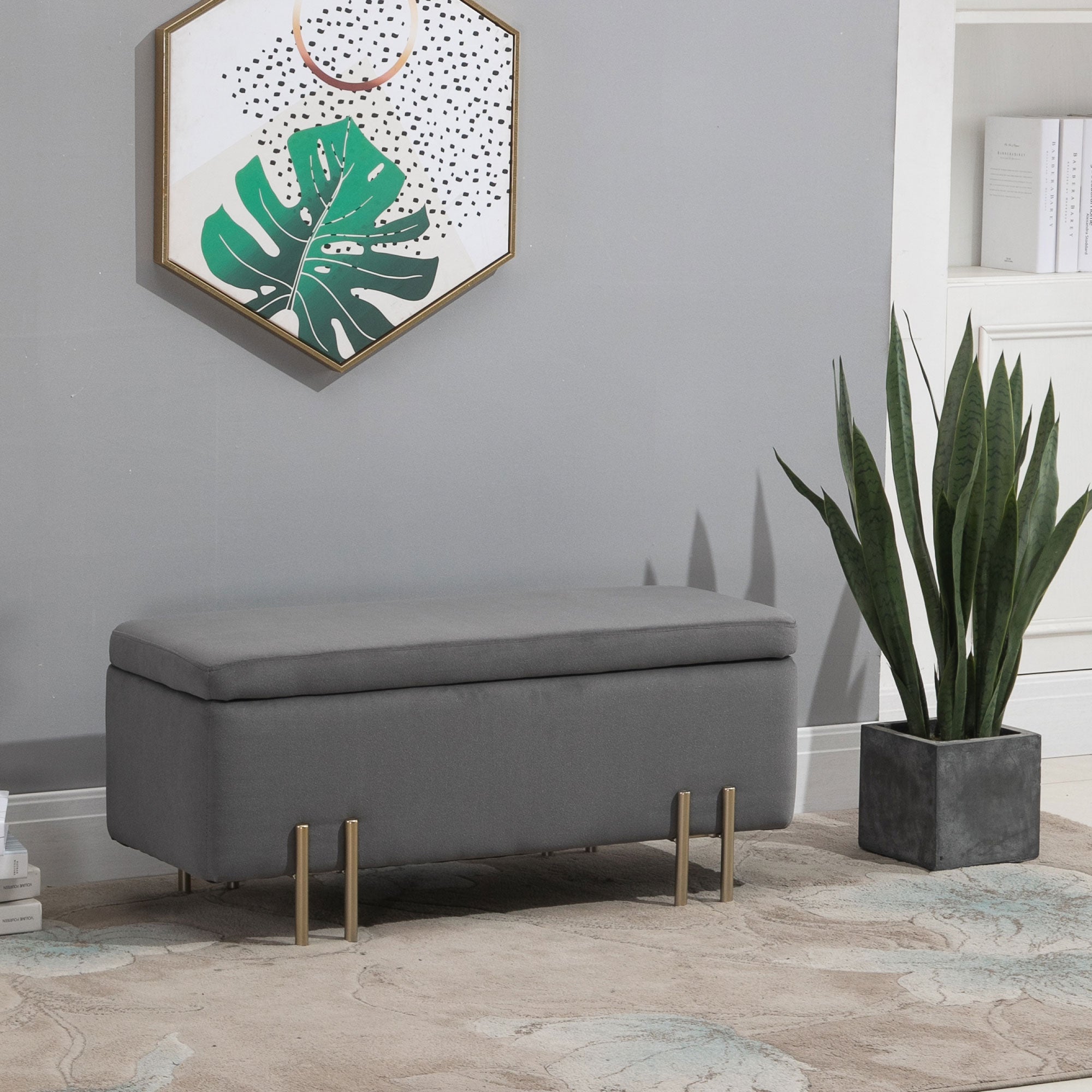 Bench with storage space chest, upholstered, dark grey fabric