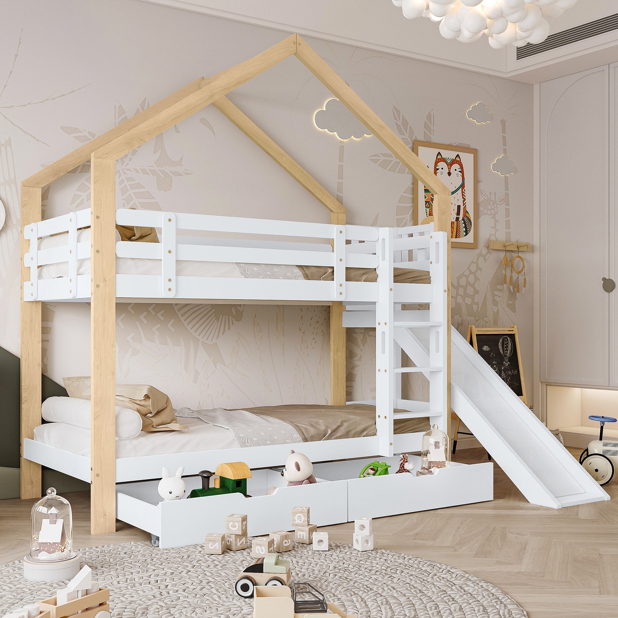 Bunk Bed House with Slide, Ladder, Safety Rail, 2 Drawers, 90x200cm, Solid Wood White/Natural