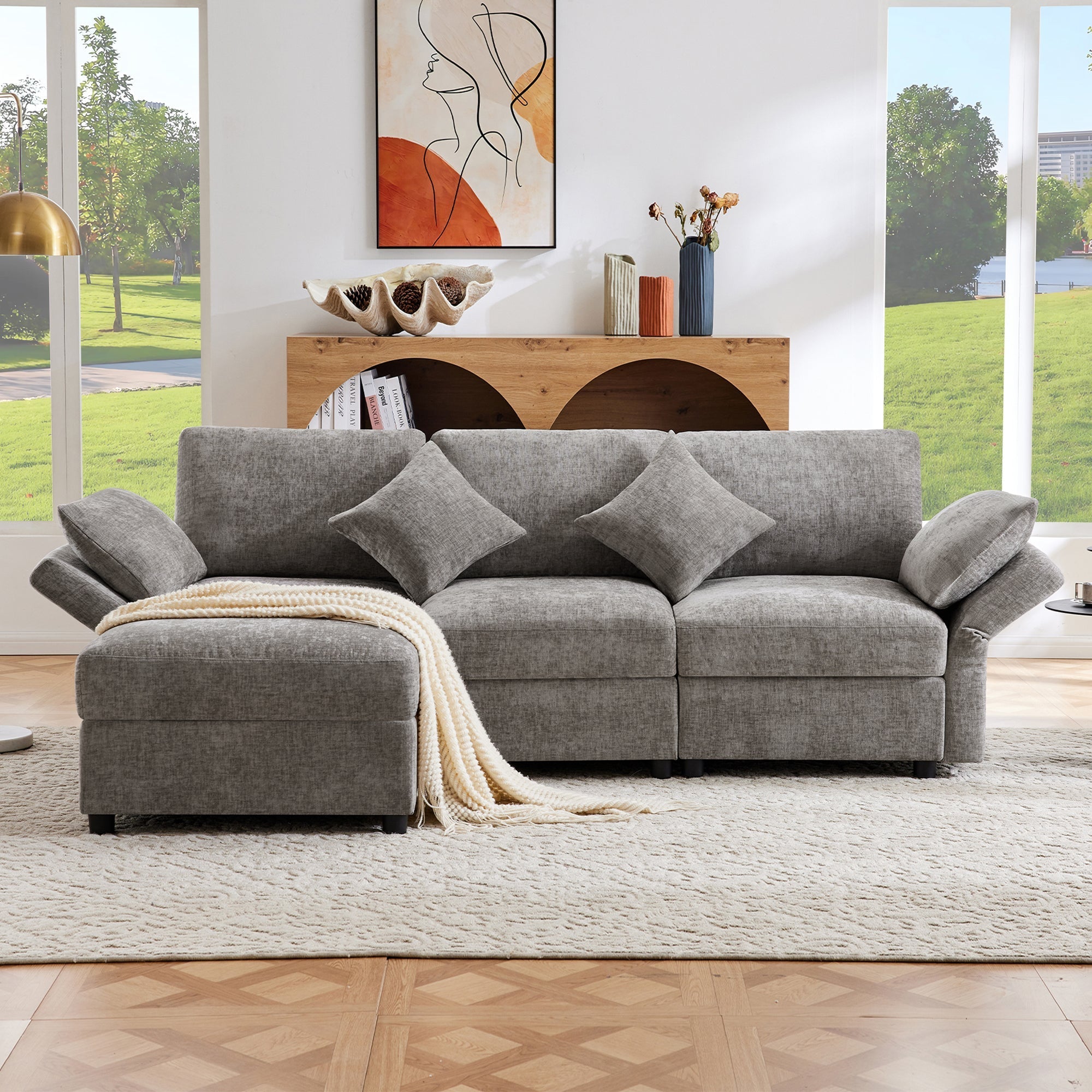 L-shaped Corner Sofa Bed 3-Seater Footstool Adjustable Armrests Chenille Gray