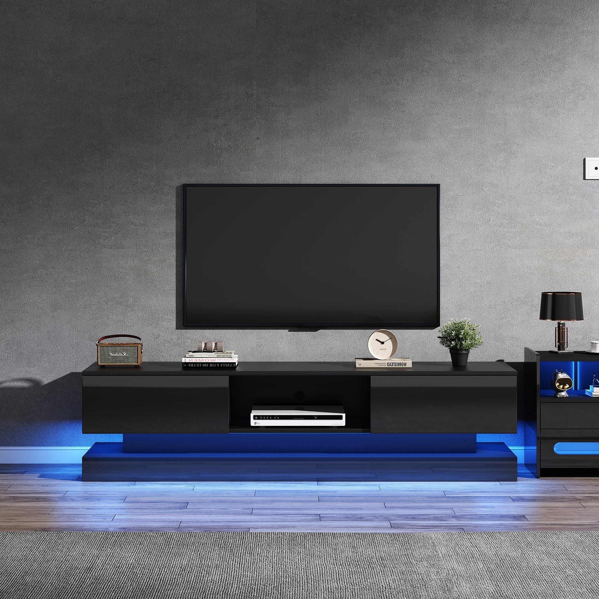 TV Stand 160cm LED Lighting 2 Drawers App Control Anti-Tip High-Gloss Black