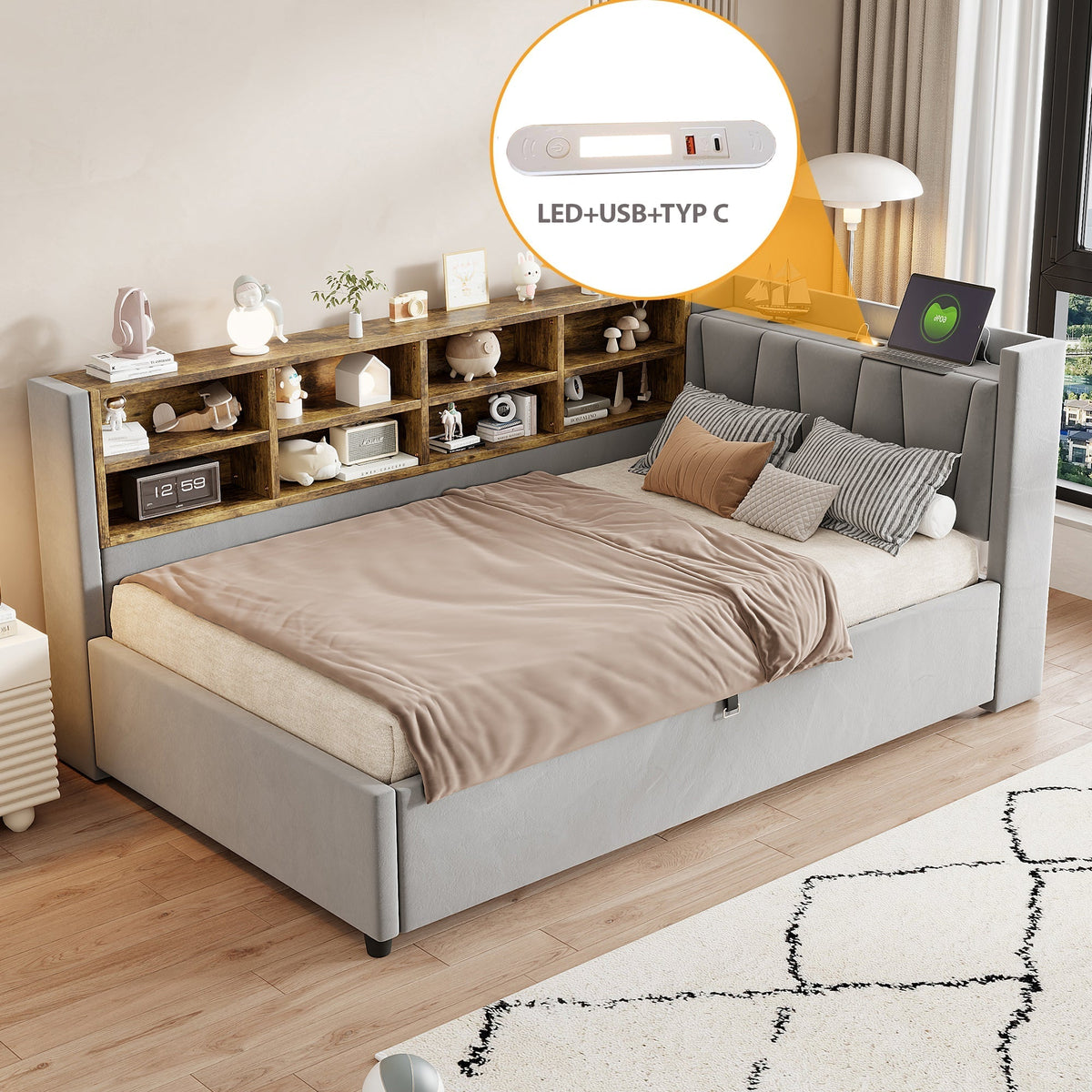 Upholstered Bed/Sofa Bed 90x200cm Hydraulic Storage USB/Type-C Charging Velvet Light Grey