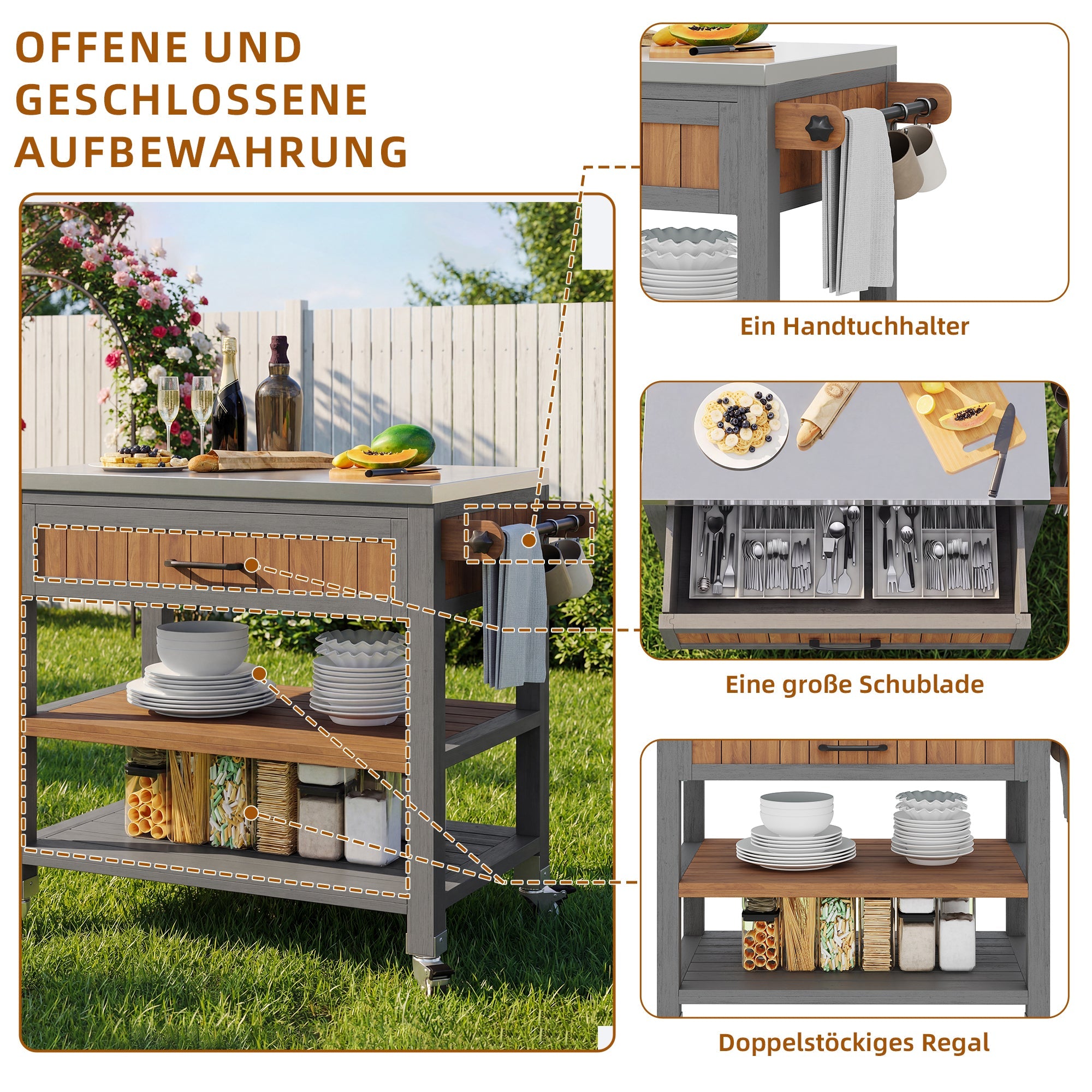 Garden Cabinet with Wheels, Drawer and Towel Rack, Stainless Steel Worktop