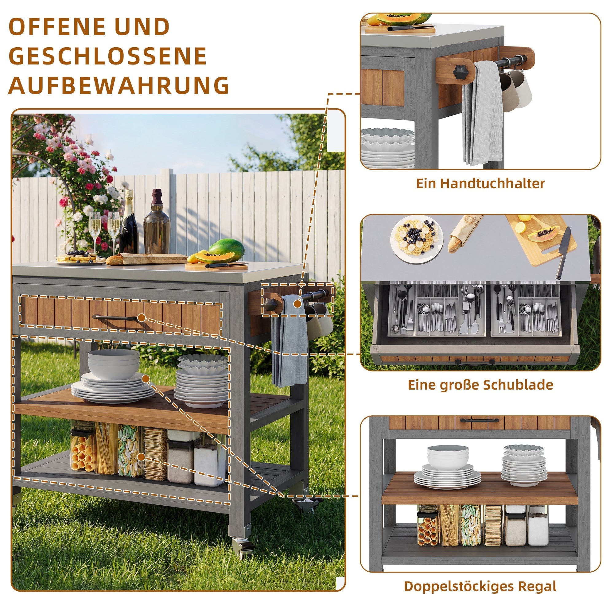 Garden Cabinet with Wheels, Drawer and Towel Rack, Stainless Steel Worktop
