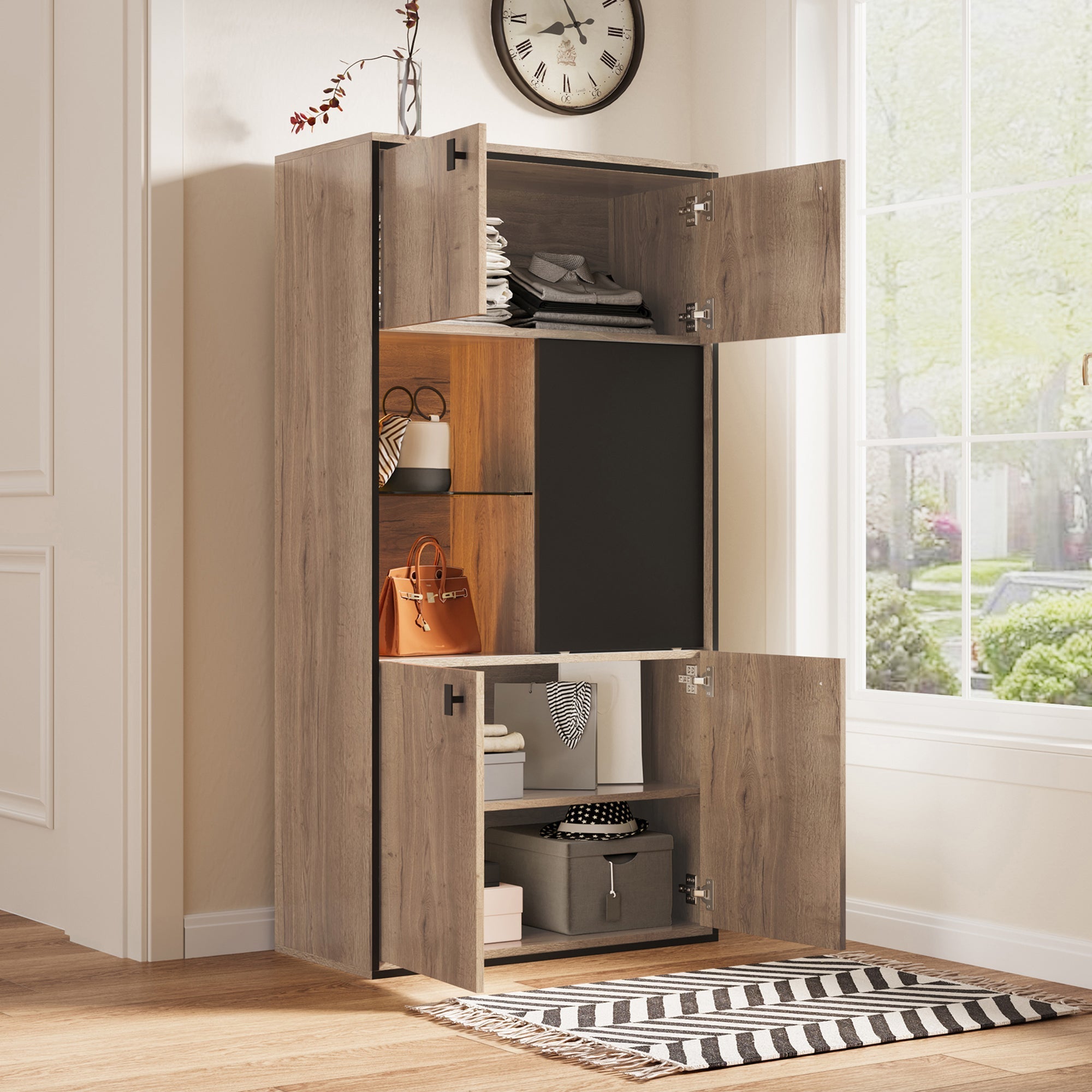 Modern Wardrobe Combination with LED Lighting and Sliding Doors, Wood Look and Black