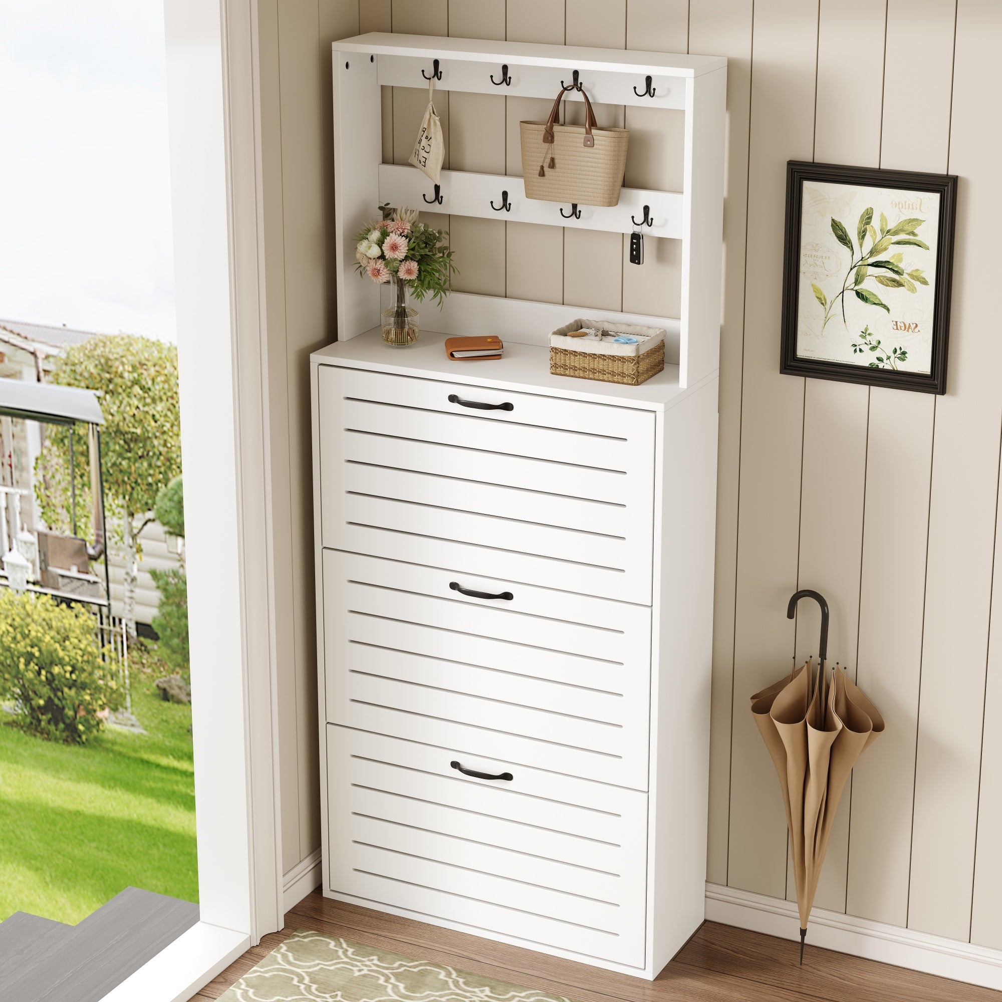 Shoe Cabinet with 3 Doors, Hooks, 15 Pairs Capacity