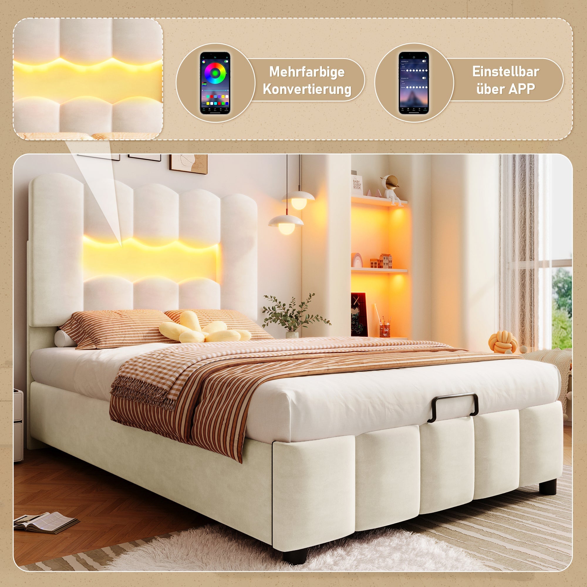Upholstered Bed 90x200cm Hydraulic LED Adjustable Headboard Beige Velvet