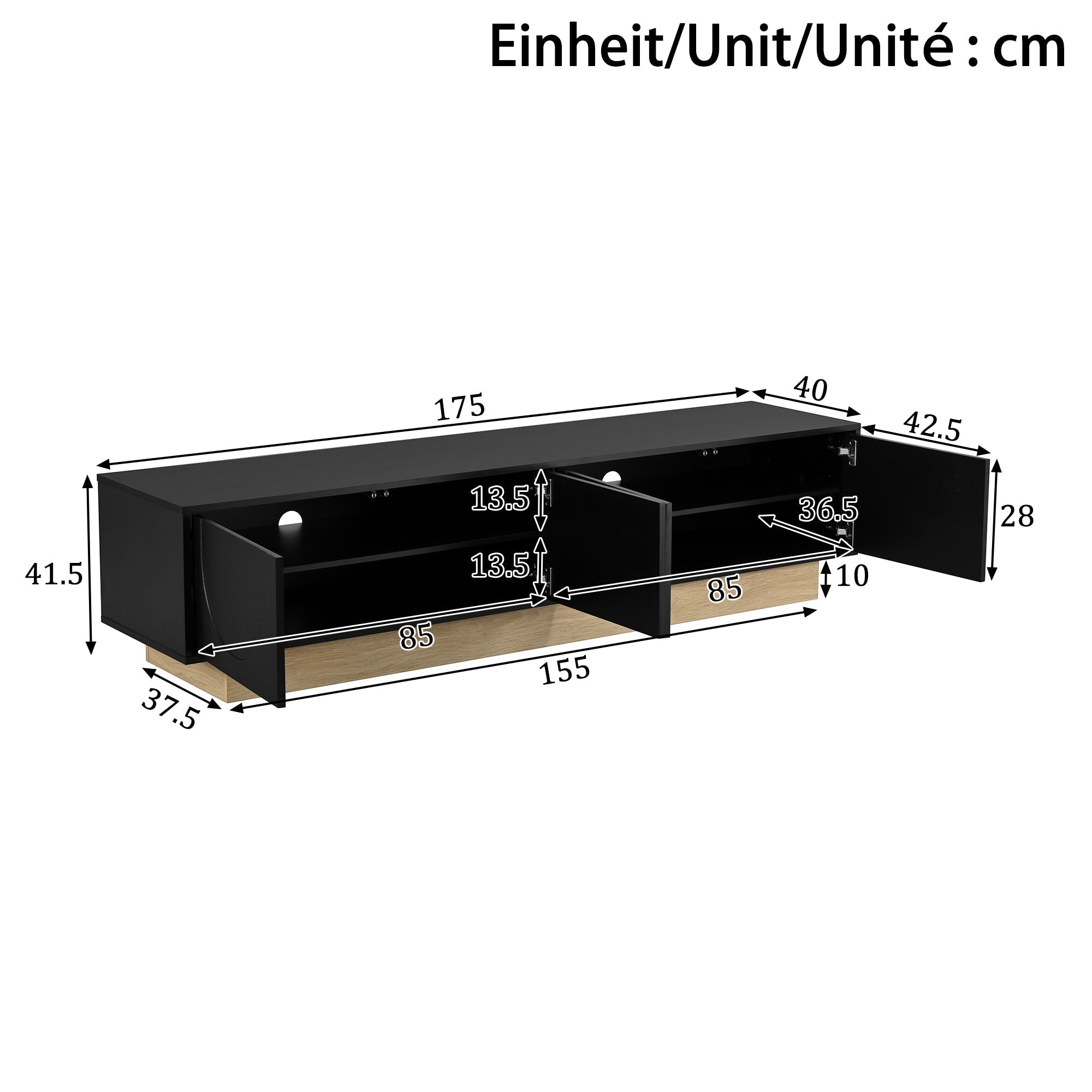 TV Stand with Storage and Cable Management, 175cm, Black Wood Grain