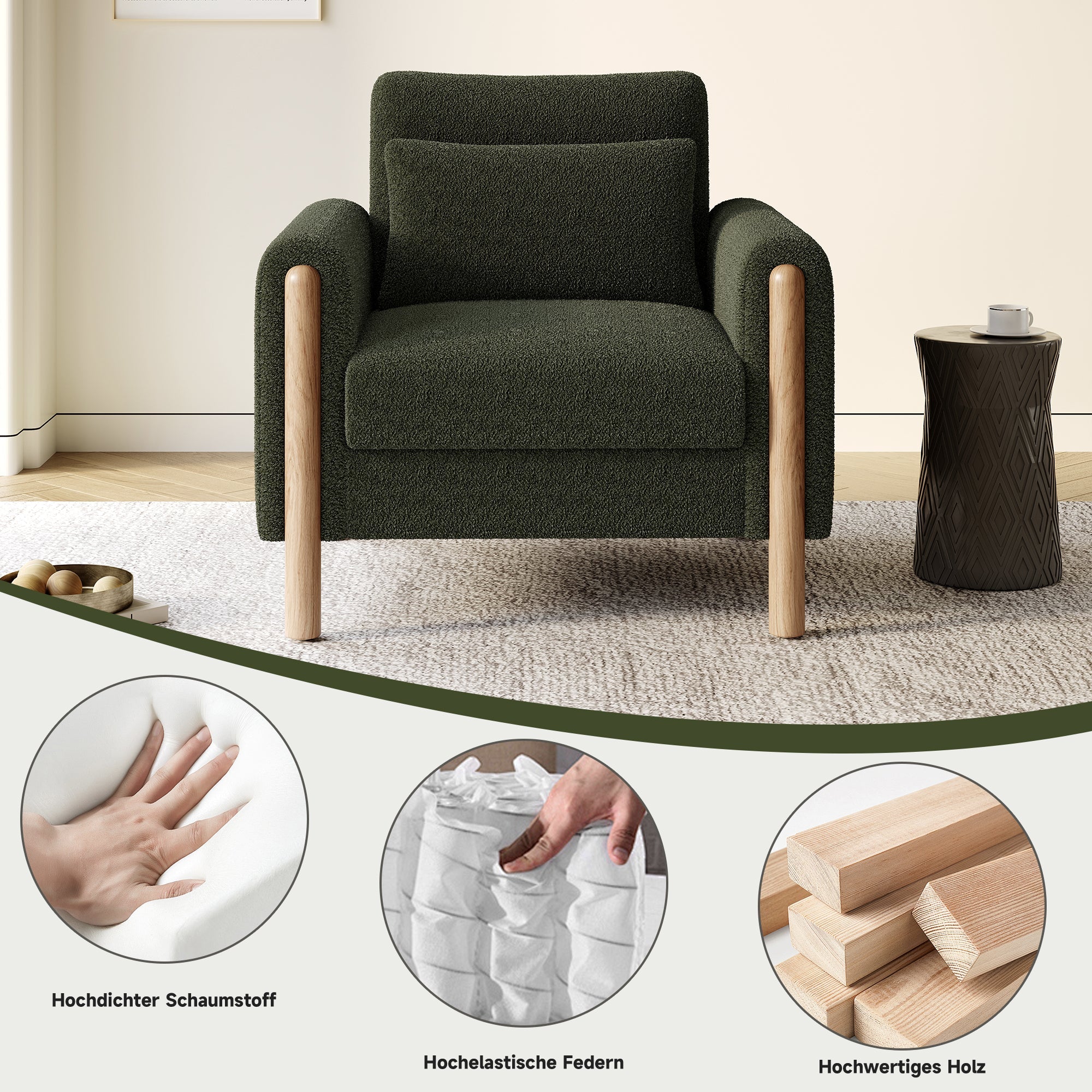 Modern Armchair, Thick Cushion, Comfortable Single Seater, Green