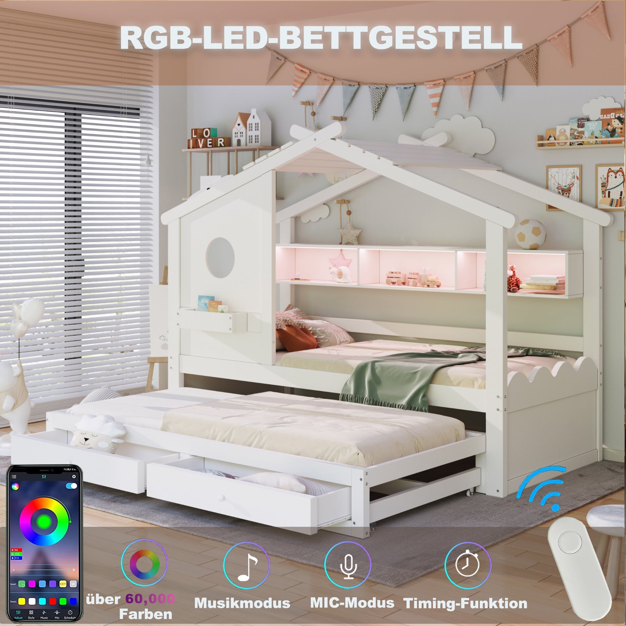 Multifunctional Children's Bed with House Design, Pull-out Bed, Drawers, Shelves, USB and LED, 90x200cm, White