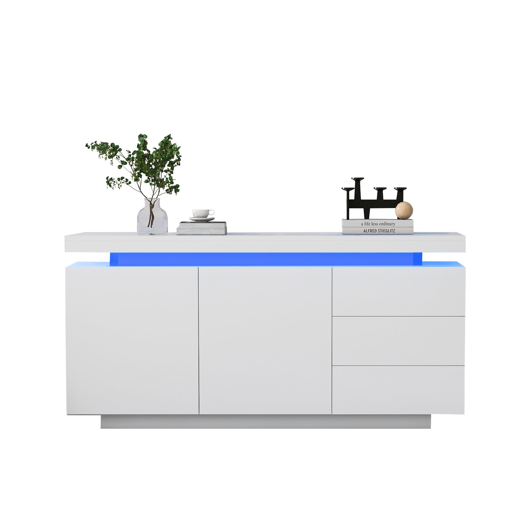 Sideboard Cabinet Modern Living Room with LED Light, 2 Doors 3 Drawers, High Gloss White