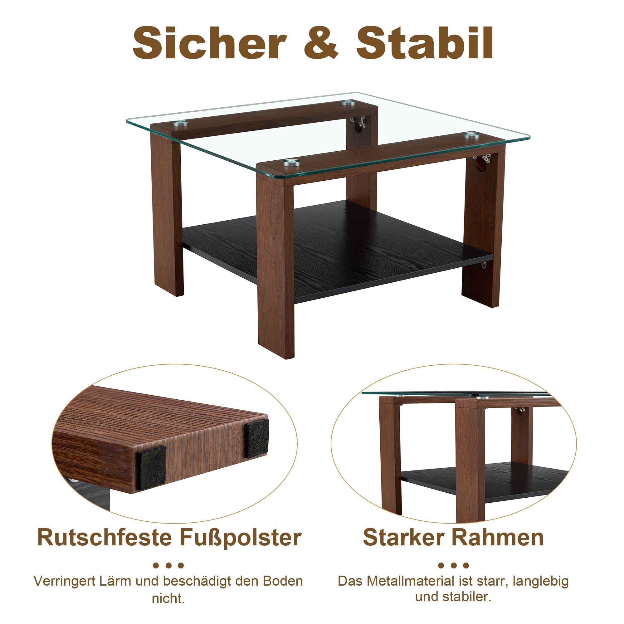 Modern Coffee Table with Storage and Tempered Glass Top, 65x41x45.5cm, Walnut Wood