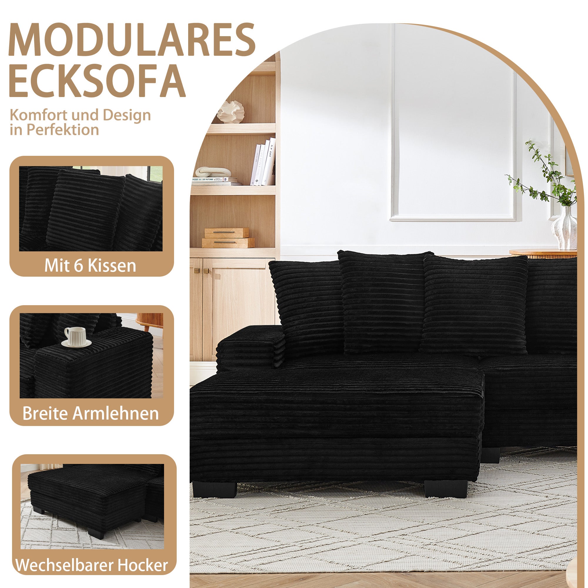 L-Shaped Corner Sofa 4-Seater Modular with 6 Cushions Corduroy Black