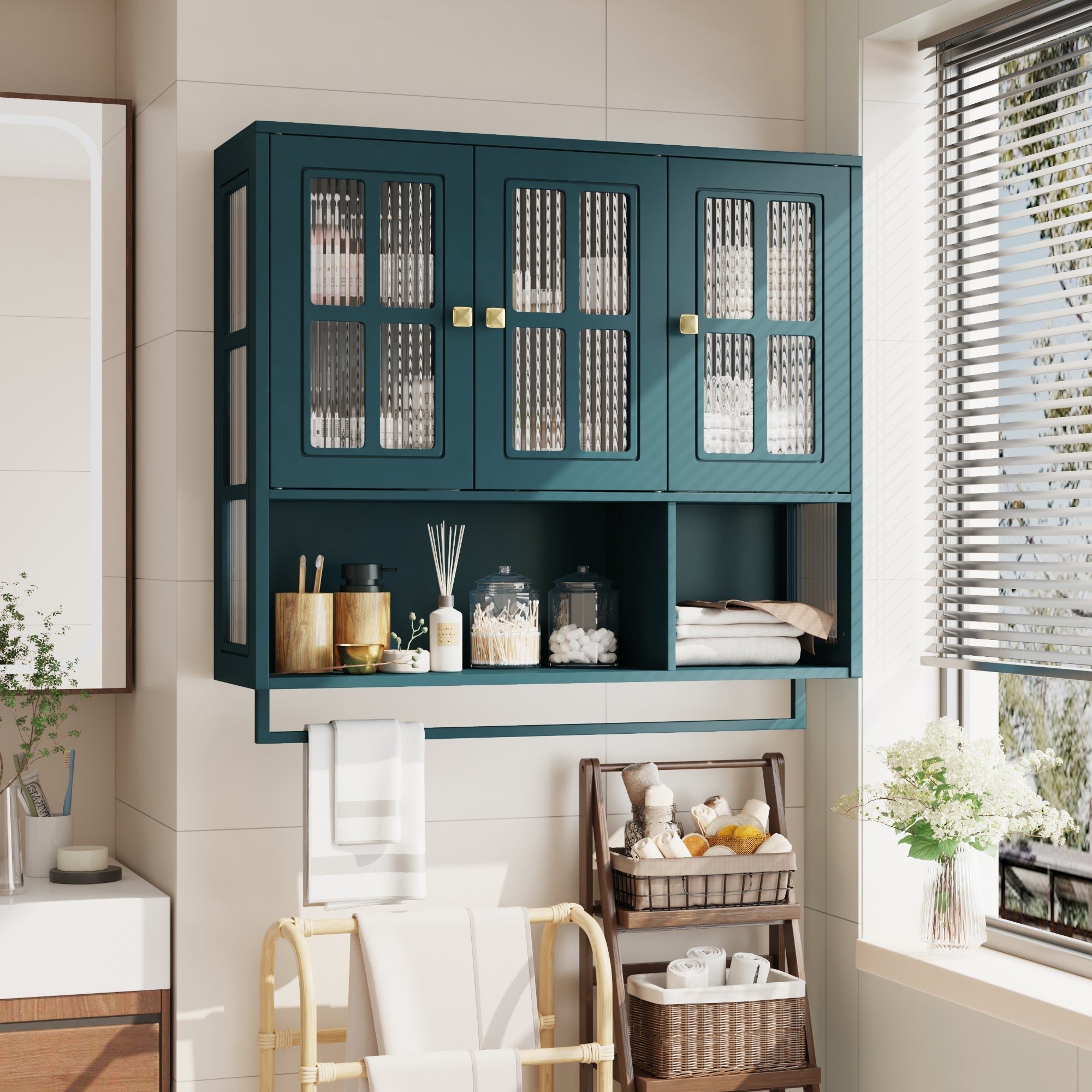 Bathroom Wall Cabinet 3-Door Wooden Glass Door Towel Bar - Dark Green