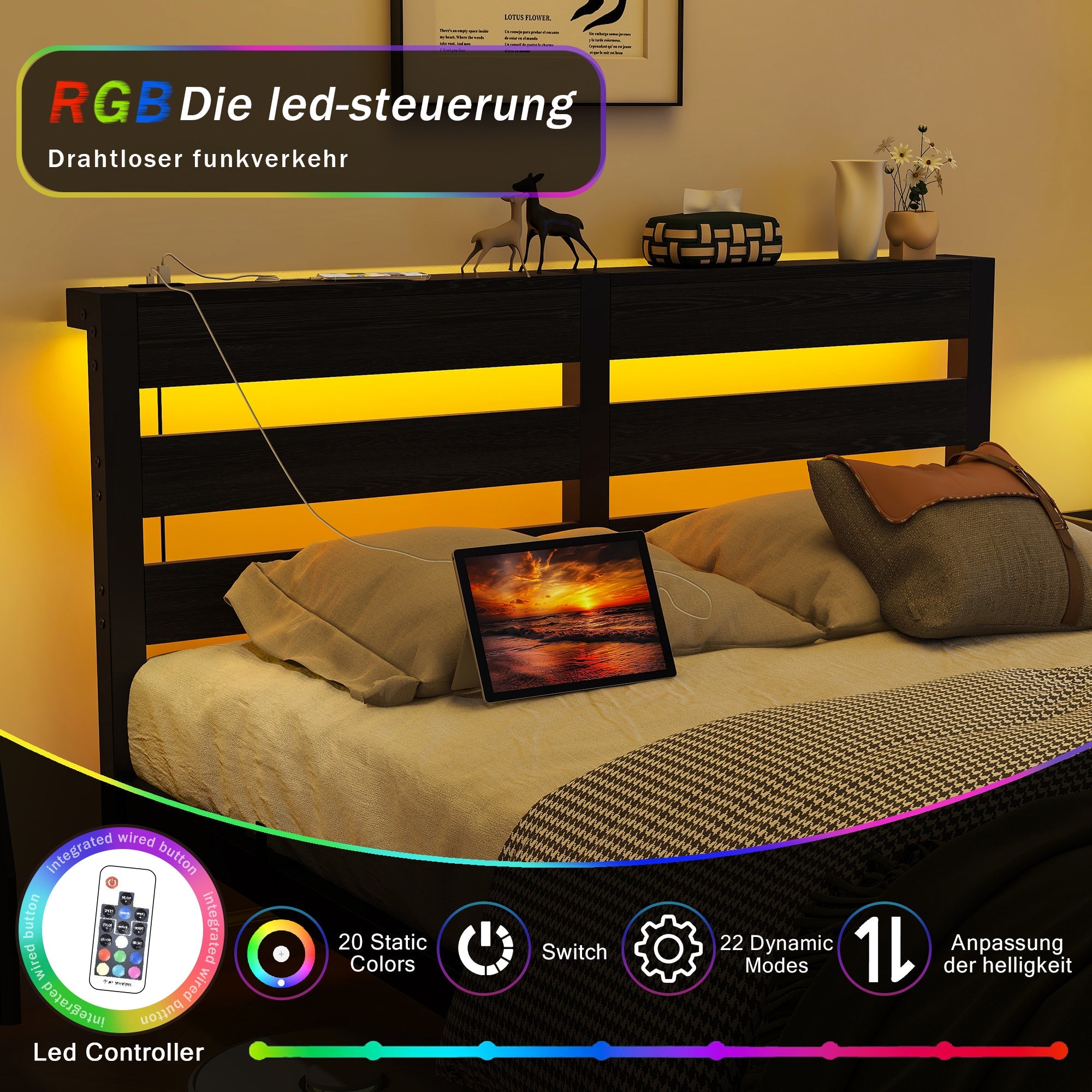 Metal Bed 120x200 LED USB Charging Under-Bed Storage - Metal