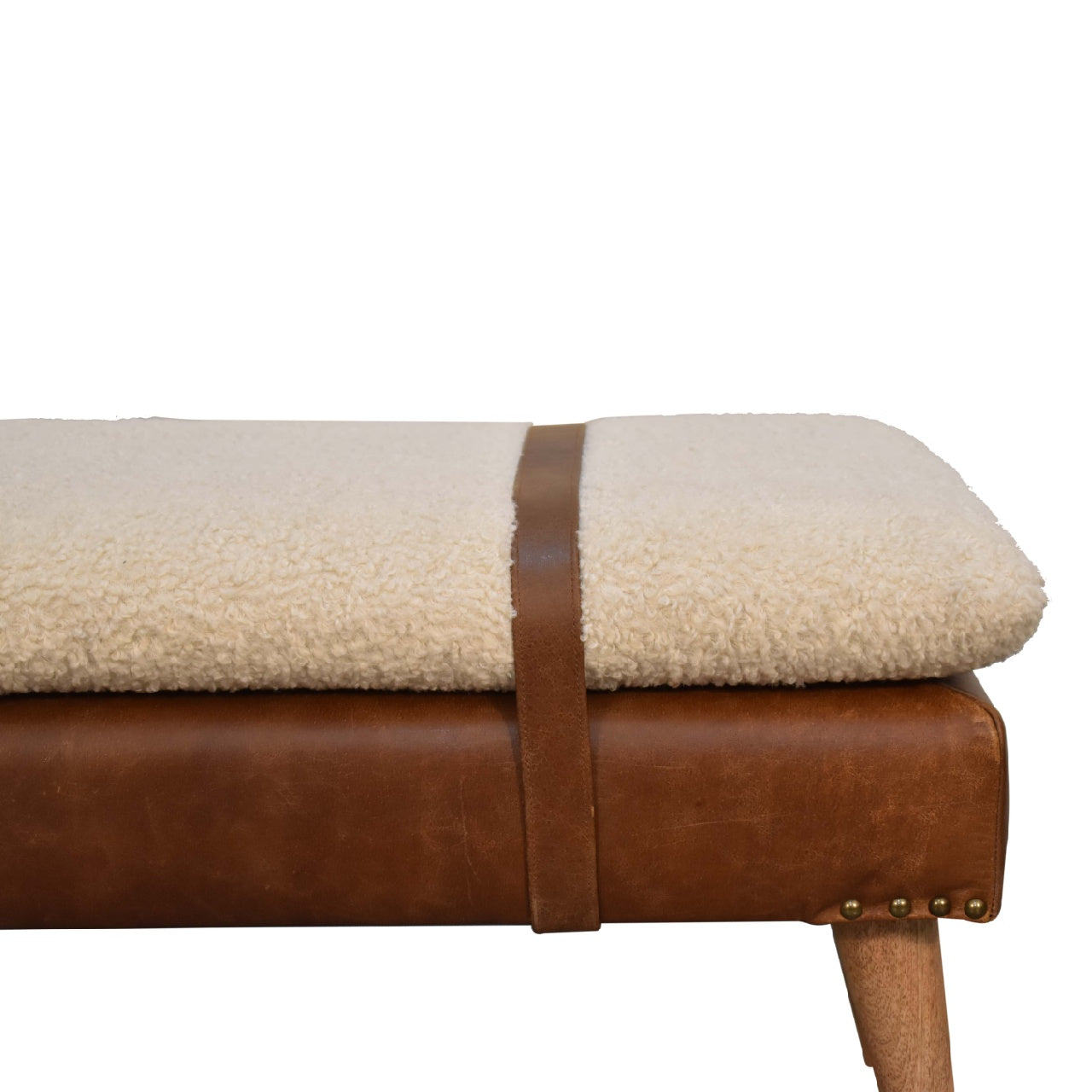 Solid Wood Bench, Upholstered Bouclé Buffalo Hide Leather, Beige