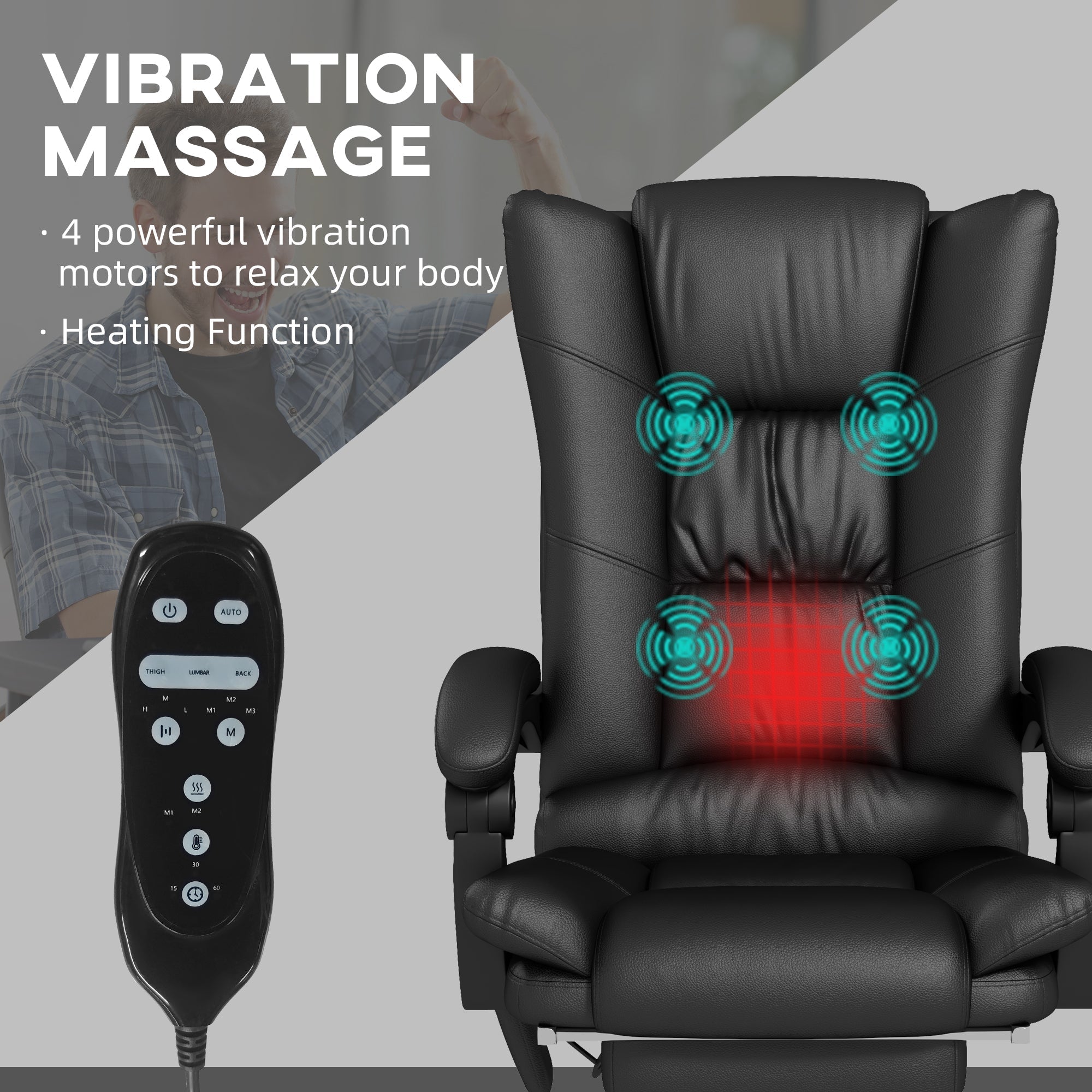 High Back Office Chair, Vibration Massage Heated Reclining 135° Footrest, PU Leather Black