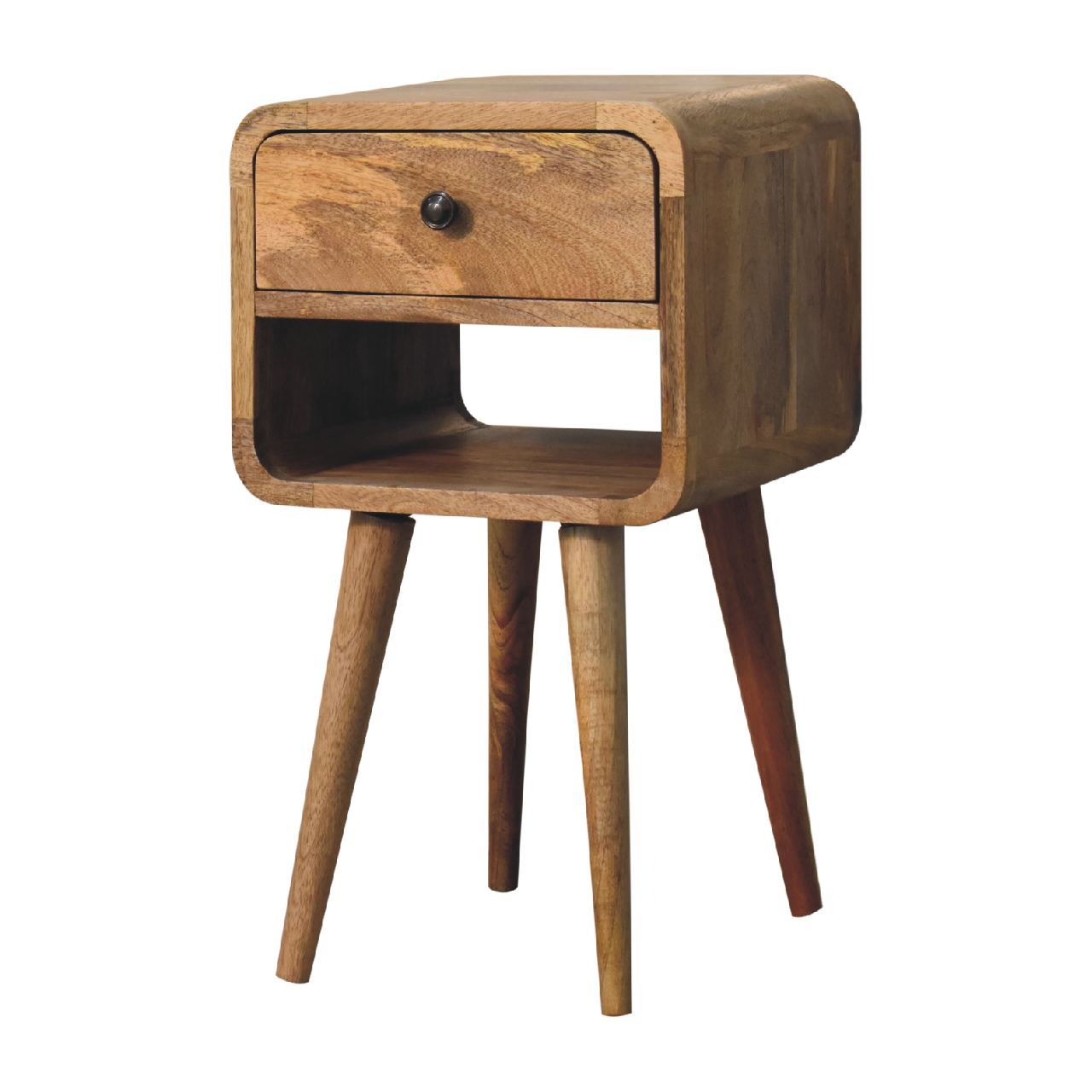 Solid Wood Mini Oak-ish Curve Lower Bedside, 1 Drawer and Open Slot, Brown