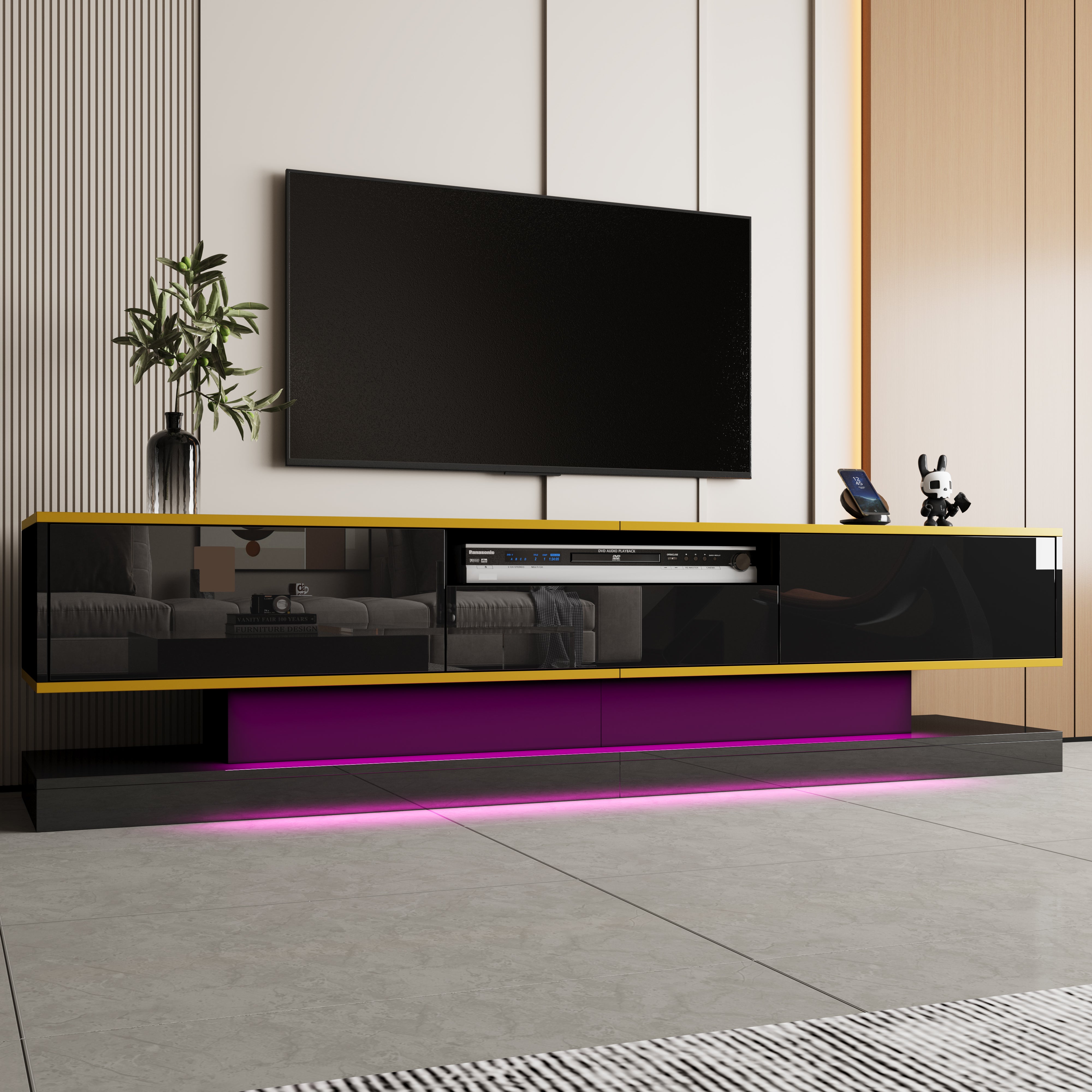 Modern TV Cabinet, 3 Drawers Open Compartment LED Lights 180cm, High-Gloss