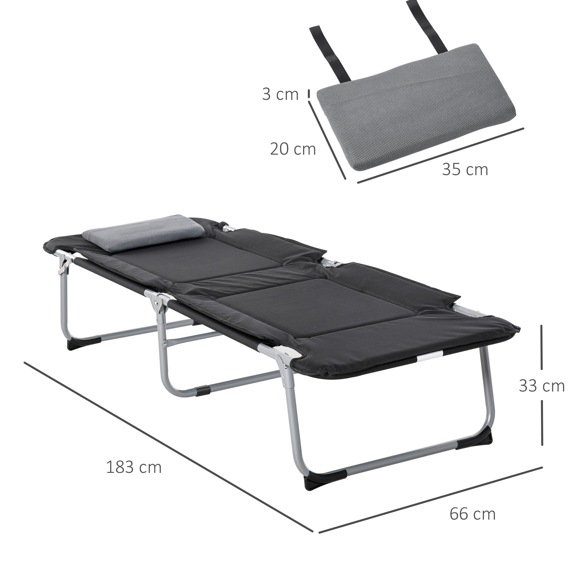 Faltbares Campingbett Leicht Tragbar mit Kissen, Schwarz Silber