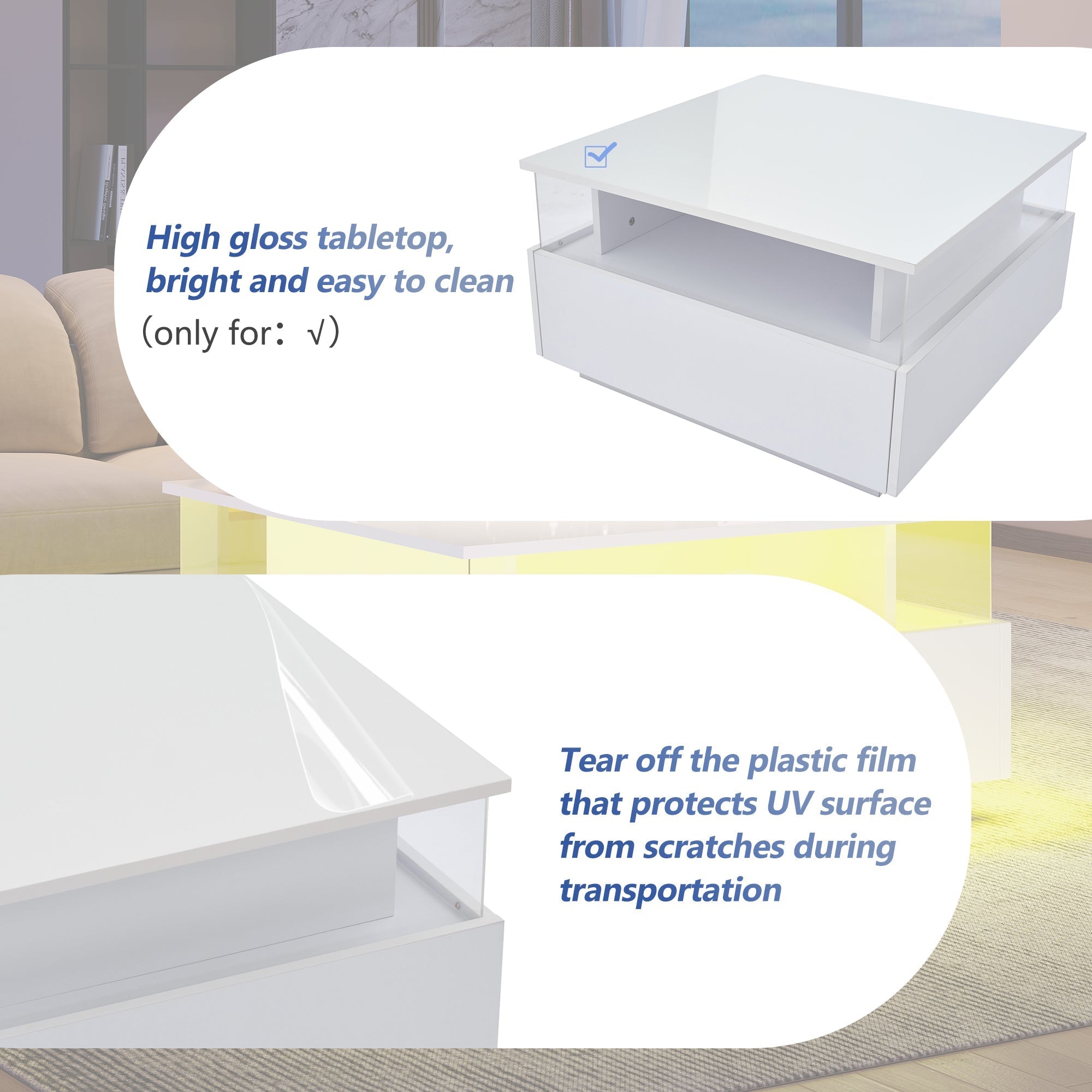 Coffee Table with Storage, Modern LED, White Wood and Acrylic Glass