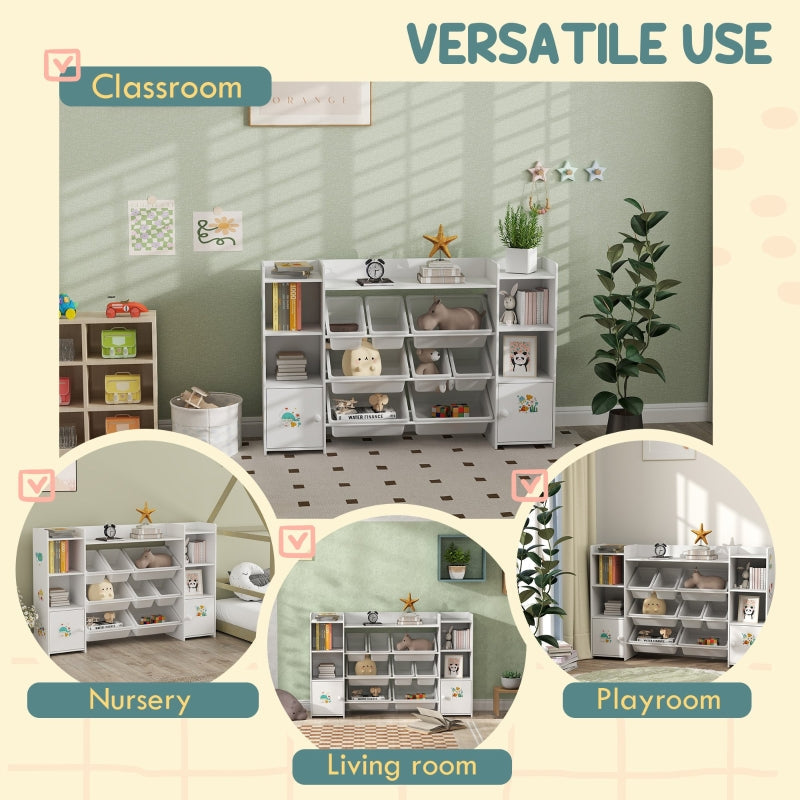 Kids Toy Organizers and Storage with 8 Removable Bins and Bookshelf, White