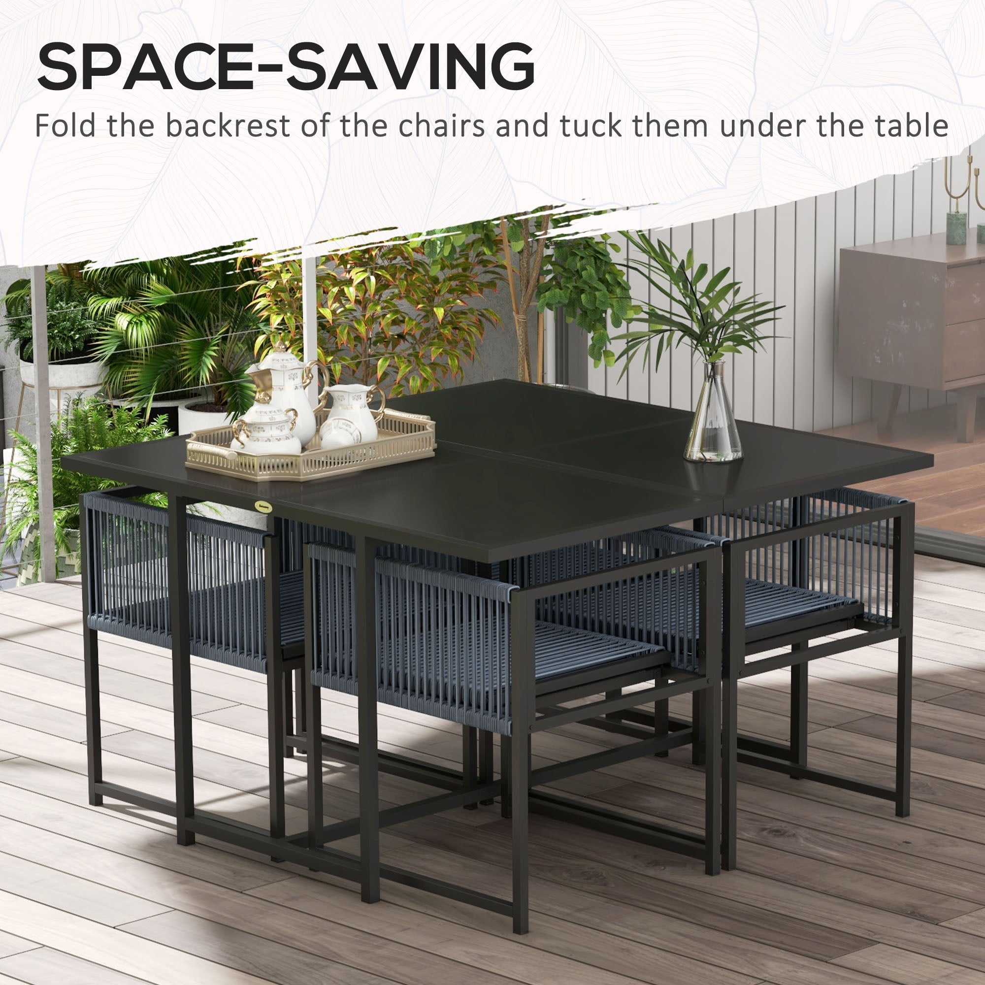 Five-Piece Dining Set with Folding Back Chairs, Metal Dark Grey