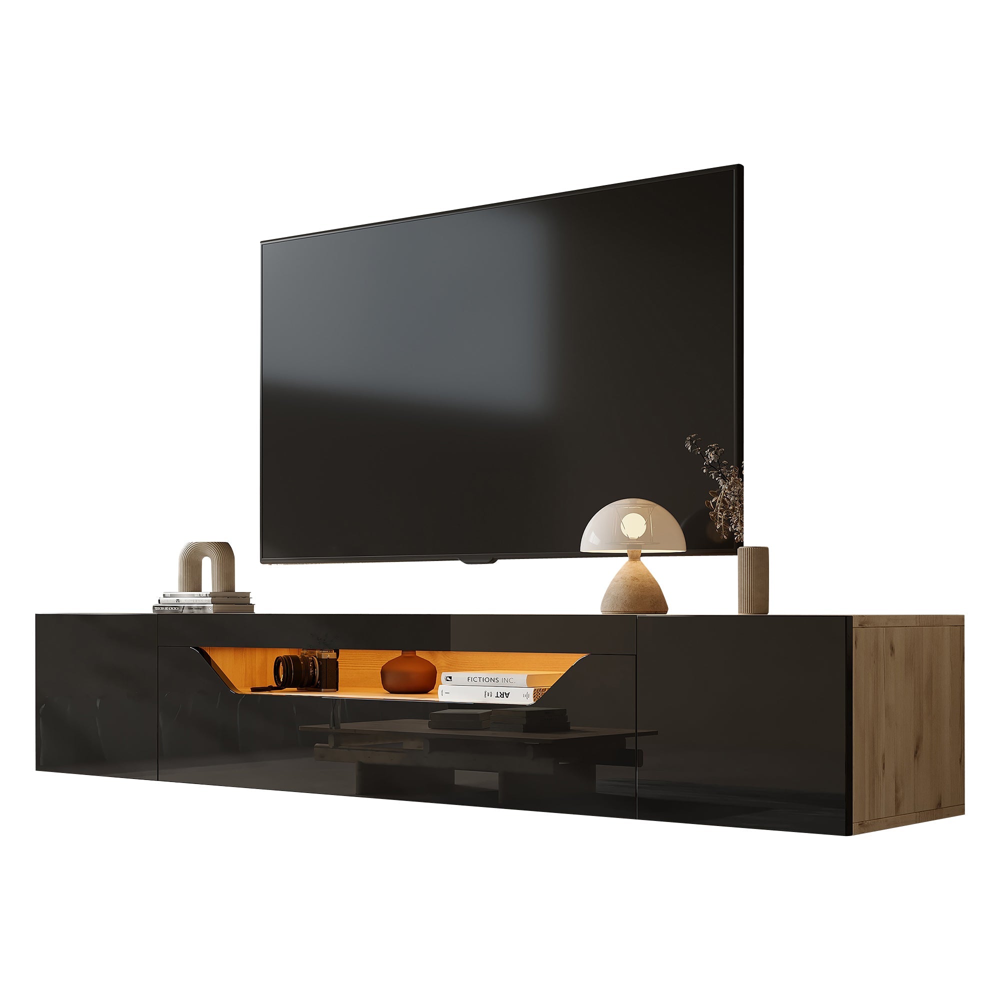 TV cabinet, 3 storage compartments, lowboard, floating wall board, LED light, wall-mountable, suitable for 75-inch TVs, black and wood color